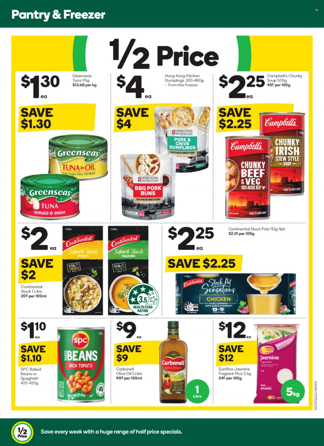 thumbnail - Woolworths Catalogue - 7 Jun 2023 - 13 Jun 2023 - Sales products - buns, beans, parsley, tuna, Campbell's, soup, dumplings, Continental, baked beans, rice, stockpot, extra virgin olive oil, olive oil, chicken, Aussie, pot. Page 9.