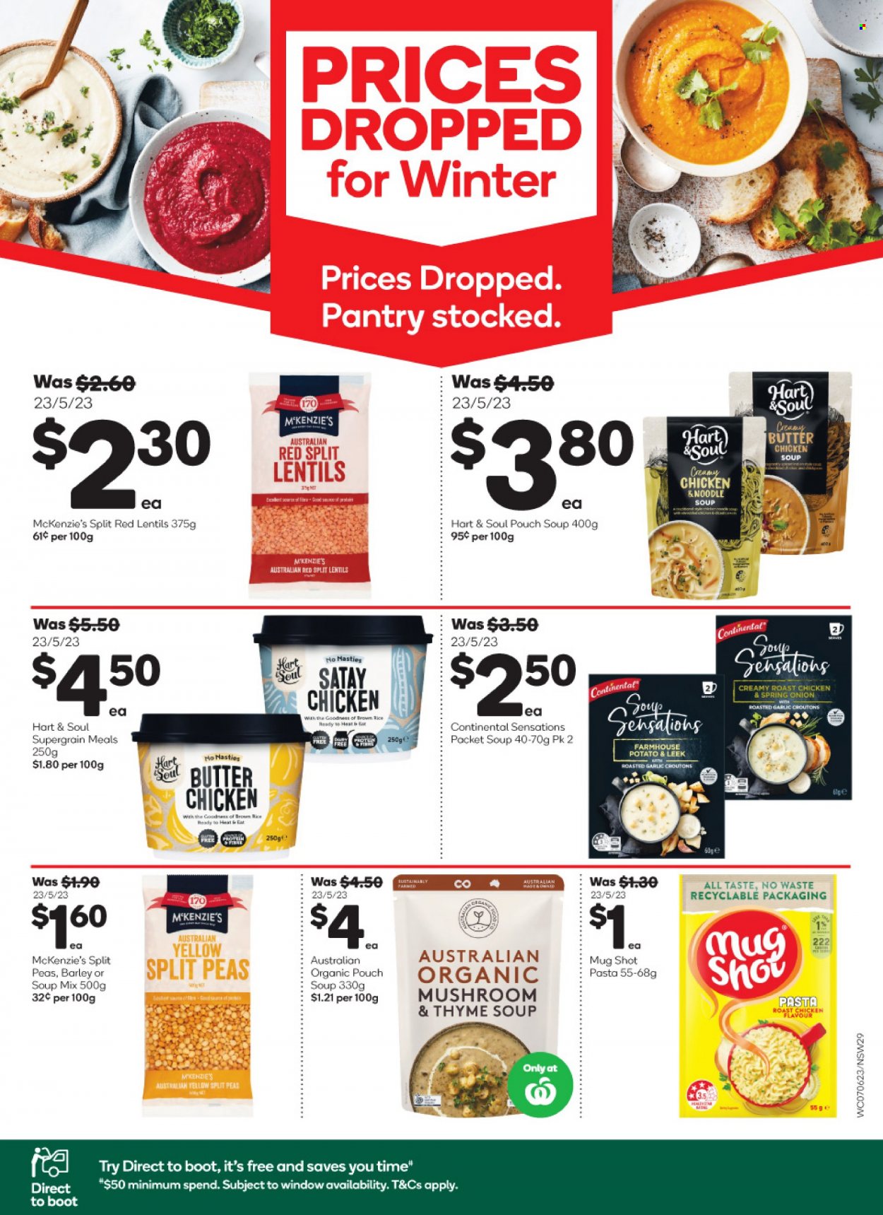 thumbnail - Woolworths Catalogue - 7 Jun 2023 - 13 Jun 2023 - Sales products - mushrooms, leek, green onion, chicken roast, chicken soup, soup mix, soup, pasta, noodles cup, Continental, roast, split peas, croutons, lentils, brown rice, rice, red lentils, mug. Page 27.