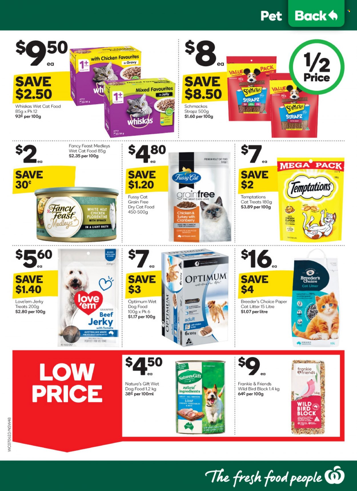 thumbnail - Woolworths Catalogue - 7 Jun 2023 - 13 Jun 2023 - Sales products - jerky, broth, alcohol, beer, paper, cat litter, animal food, animal treats, cat food, dog food, wet dog food, Whiskas, Optimum, Strapz, Schmackos, dry cat food, Fancy Feast, wet cat food. Page 46.