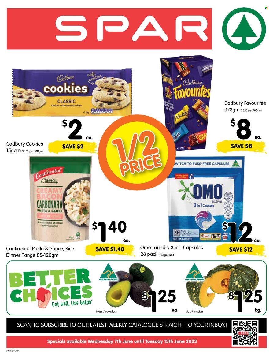 thumbnail - SPAR Catalogue - 7 Jun 2023 - 13 Jun 2023 - Sales products - pumpkin, avocado, Continental, bacon, ham, cookies, Cadbury, rice, Omo. Page 1.