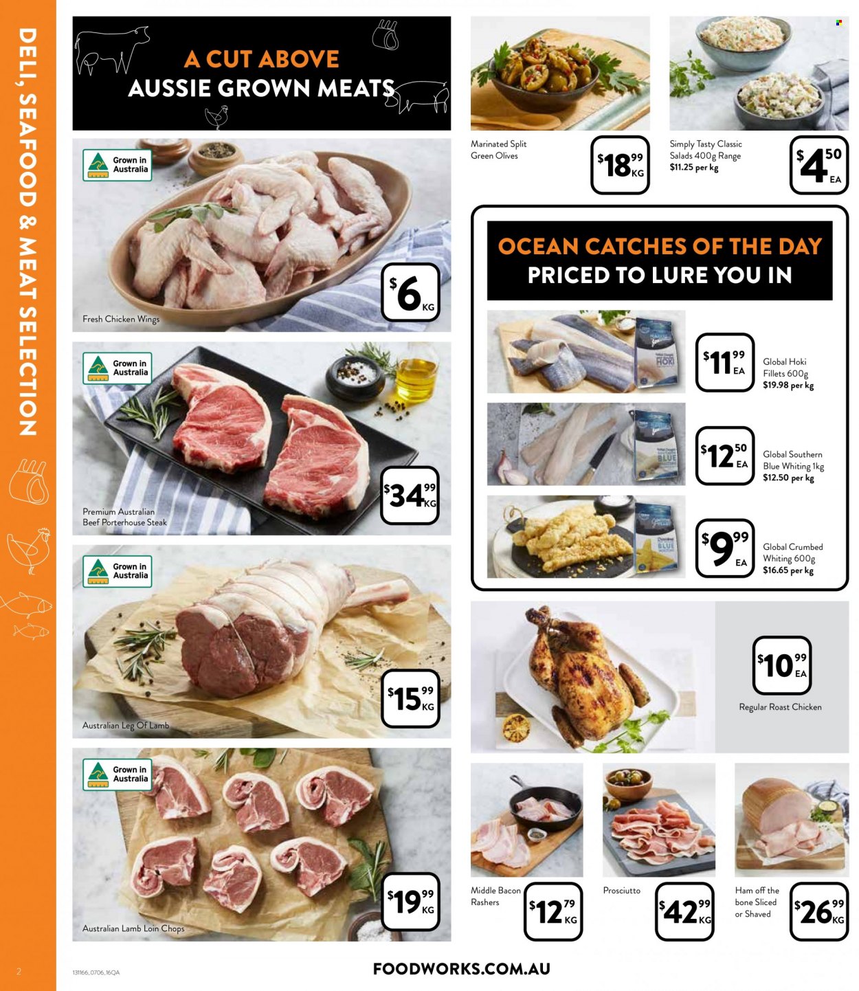 thumbnail - Foodworks Catalogue - 7 Jun 2023 - 13 Jun 2023 - Sales products - seafood, hoki fish, whiting, chicken roast, roast, bacon, ham, prosciutto, ham off the bone, chicken wings, olives, steak, lamb loin, lamb meat, lamb leg. Page 2.