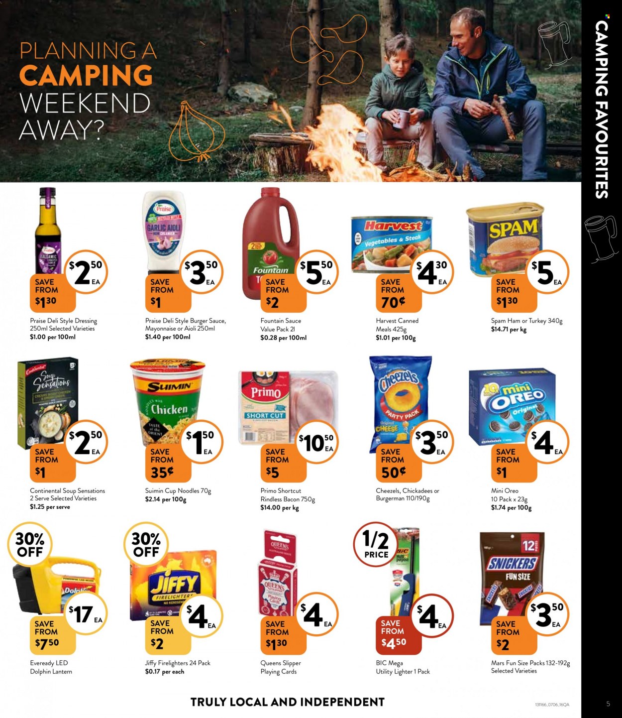 thumbnail - Foodworks Catalogue - 7 Jun 2023 - 13 Jun 2023 - Sales products - slippers, soup, noodles cup, noodles, Continental, bacon, ham, Spam, Oreo, mayonnaise, Mars, dressing, TRULY, turkey, BIC, firelighter, Eveready, Jiffy, playing cards. Page 5.