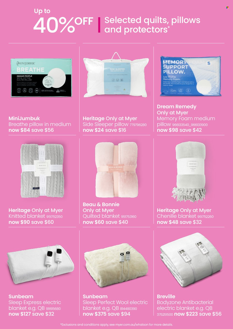 thumbnail - Myer Catalogue - 8 Jun 2023 - 30 Jul 2023 - Sales products - blanket, pillow, quilt, Sunbeam, electric blanket. Page 10.