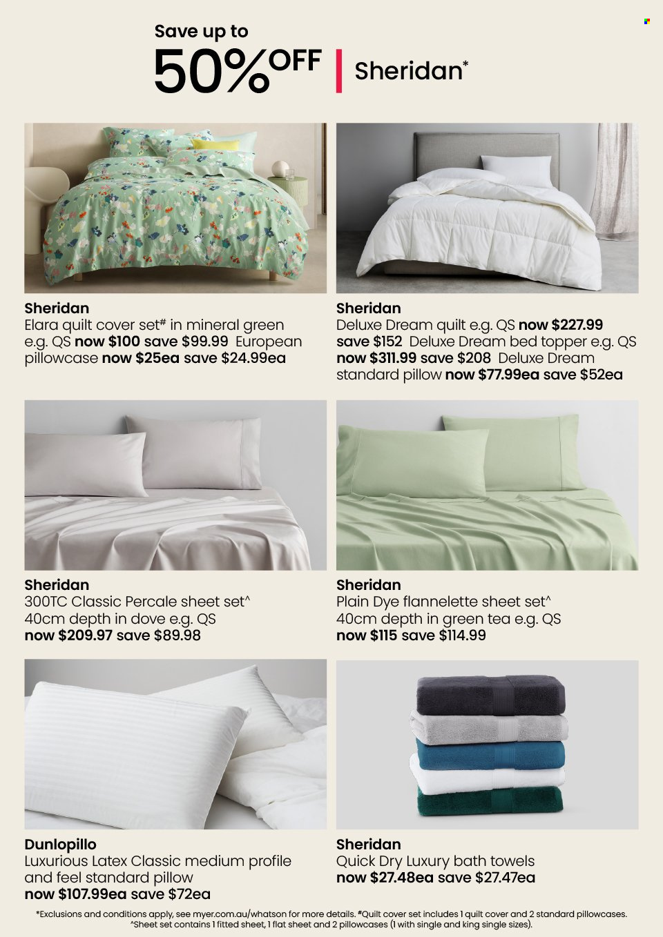 thumbnail - Myer Catalogue - 8 Jun 2023 - 30 Jul 2023 - Sales products - Dove, quick dry, bedding, topper, pillow, pillowcase, quilt, flannelette sheets, quilt cover set, bath towel, towel. Page 11.