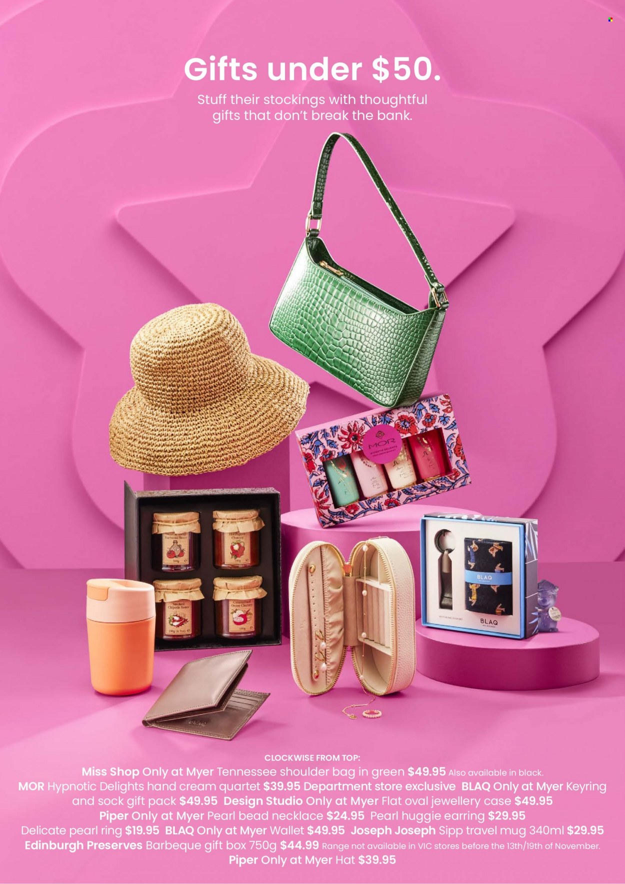 Myer Catalogue - Sales products - hand cream, gift set, gift box, mug, travel mug, stockings, hat, shoulder bag, necklace, wallet, earrings. Page 2.