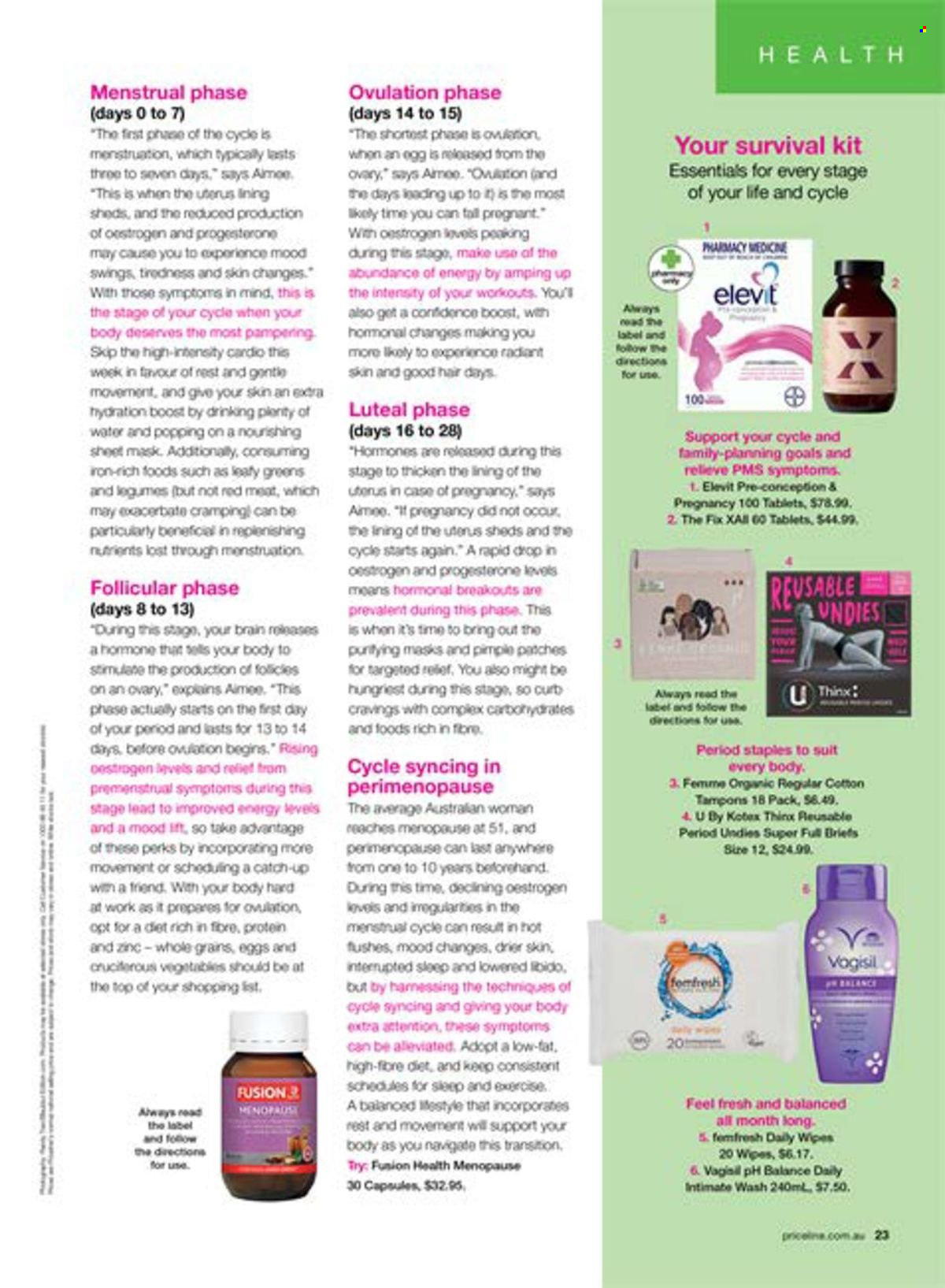 thumbnail - Priceline Pharmacy Catalogue - 22 Feb 2024 - 22 May 2024 - Sales products - wipes, Plenty, intimate wash, sanitary pads, Kotex, tampons, zinc, medicine. Page 23.