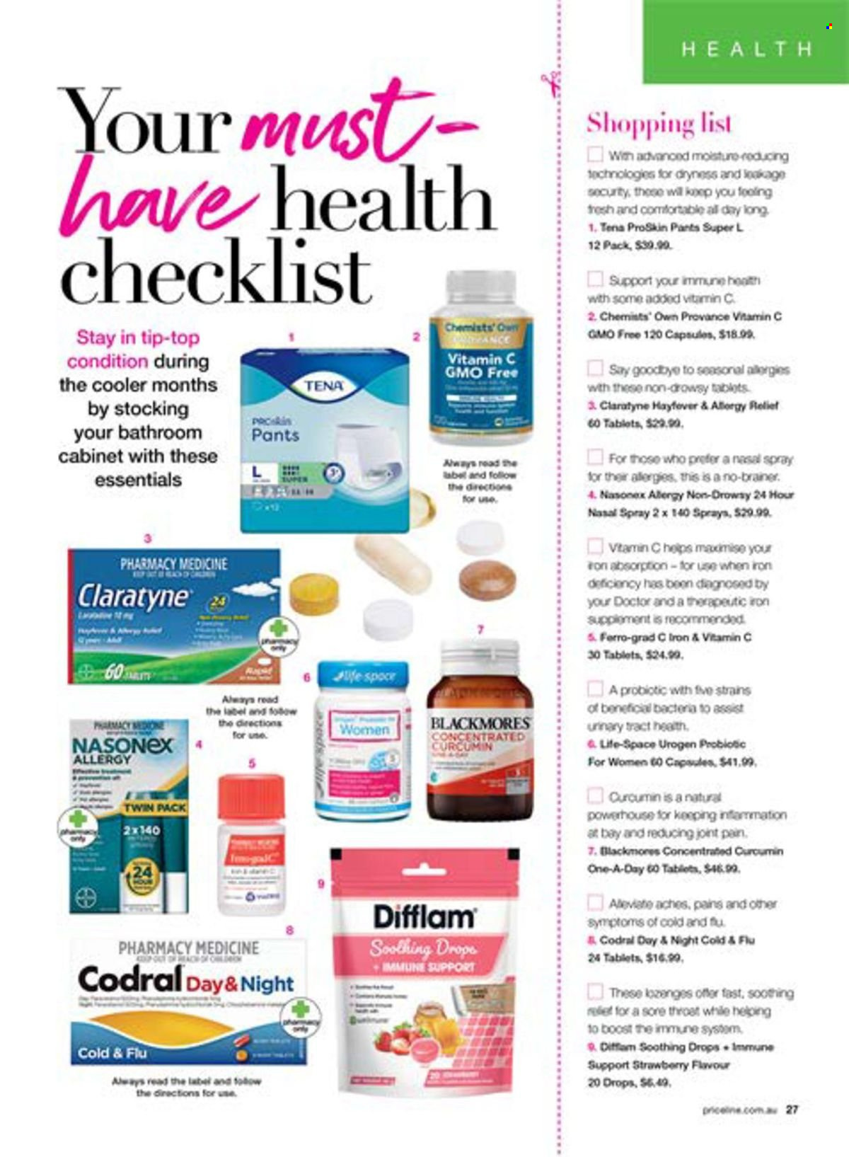 thumbnail - Priceline Pharmacy Catalogue - 22 Feb 2024 - 22 May 2024 - Sales products - pants, Cold & Flu, vitamin c, Ferro-grad C, Blackmores, Claratyne, nasal spray, Codral, medicine, incontinence care. Page 27.