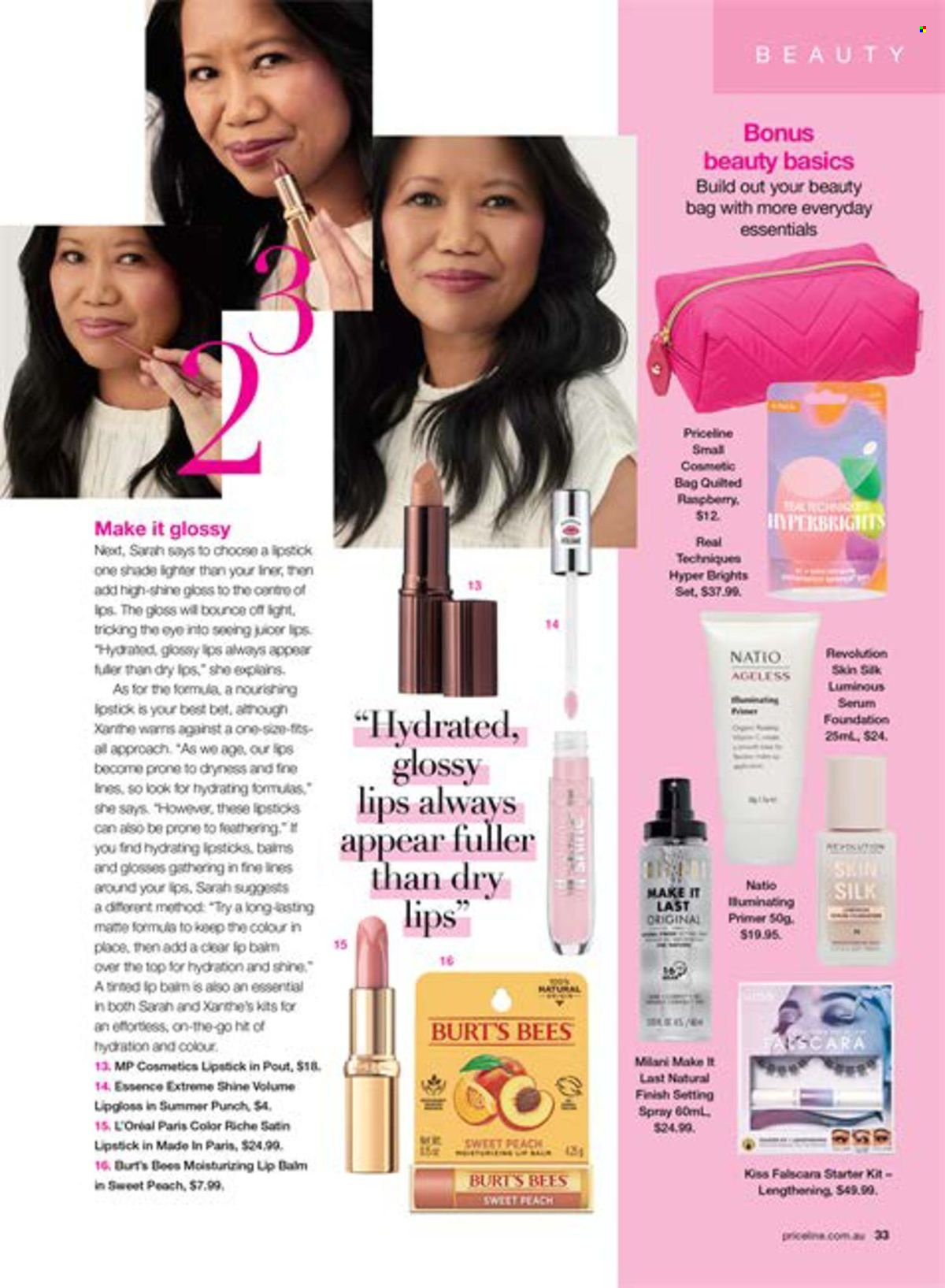 thumbnail - Priceline Pharmacy Catalogue - 22 Feb 2024 - 22 May 2024 - Sales products - Bounce, L’Oréal, lip balm, serum, cosmetic bag, lip gloss, lipstick, setting spray. Page 33.