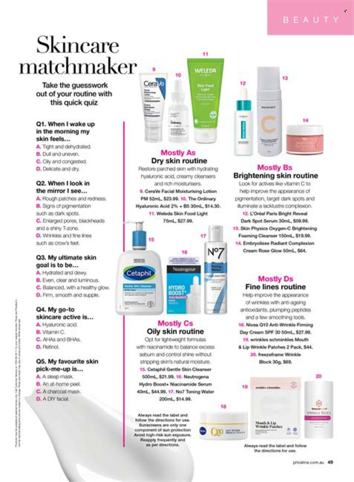 thumbnail - Priceline Pharmacy Catalogue - 22 Feb 2024 - 22 May 2024 - Sales products - Nivea, CeraVe, cleanser, day cream, L’Oréal, Neutrogena, serum, The Ordinary, Niacinamide, Cetaphil, skin care product, Target. Page 49.