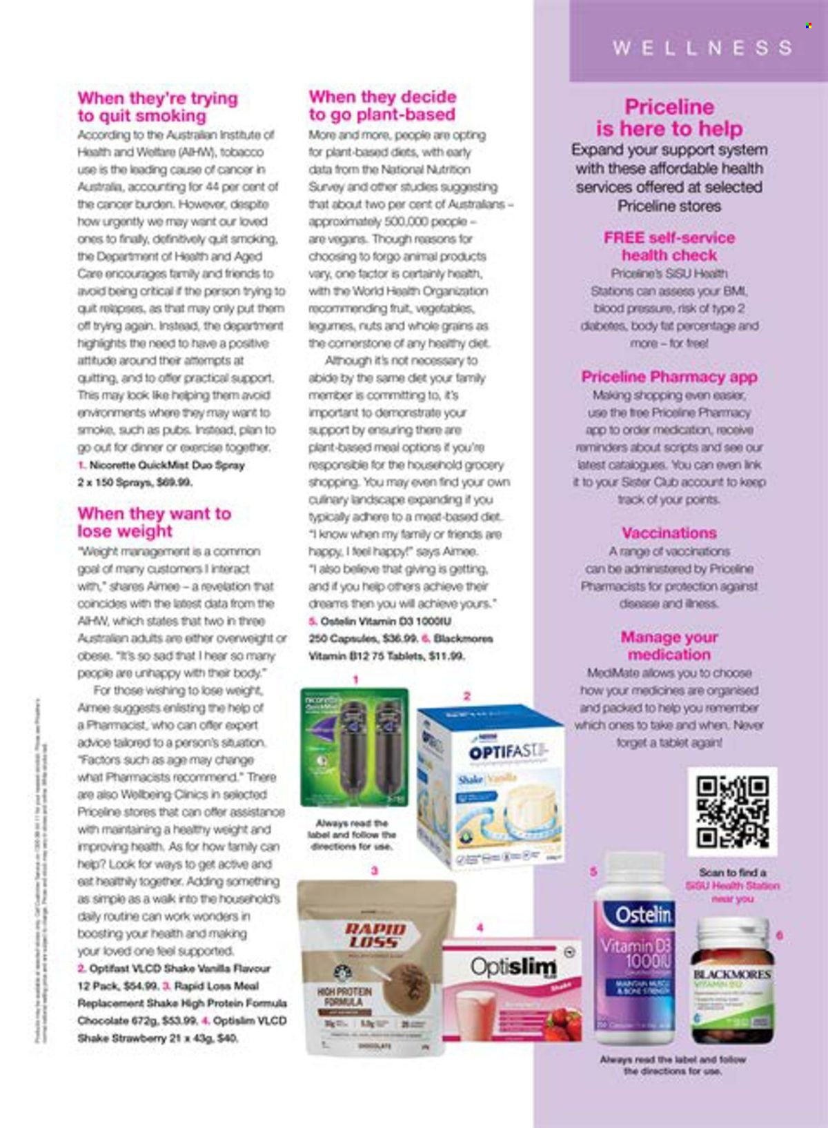thumbnail - Priceline Pharmacy Catalogue - 22 Feb 2024 - 22 May 2024 - Sales products - Nicorette, nicotine therapy, vitamin B12, nutritional supplement, vitamin D3, Ostelin, Blackmores, Optislim. Page 63.