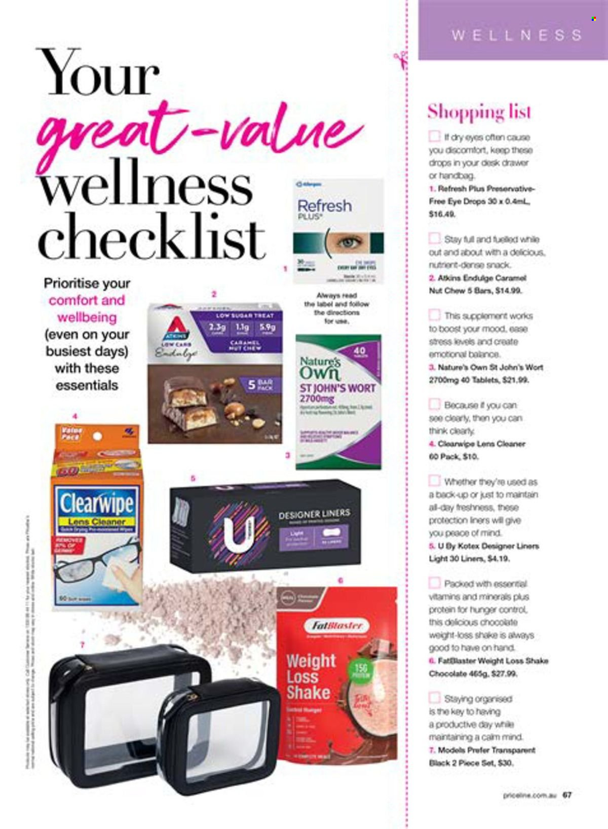 thumbnail - Priceline Pharmacy Catalogue - 22 Feb 2024 - 22 May 2024 - Sales products - cleaner, Kotex, Models Prefer, eye drops, Nature's Own, dietary supplement, vitamins. Page 67.