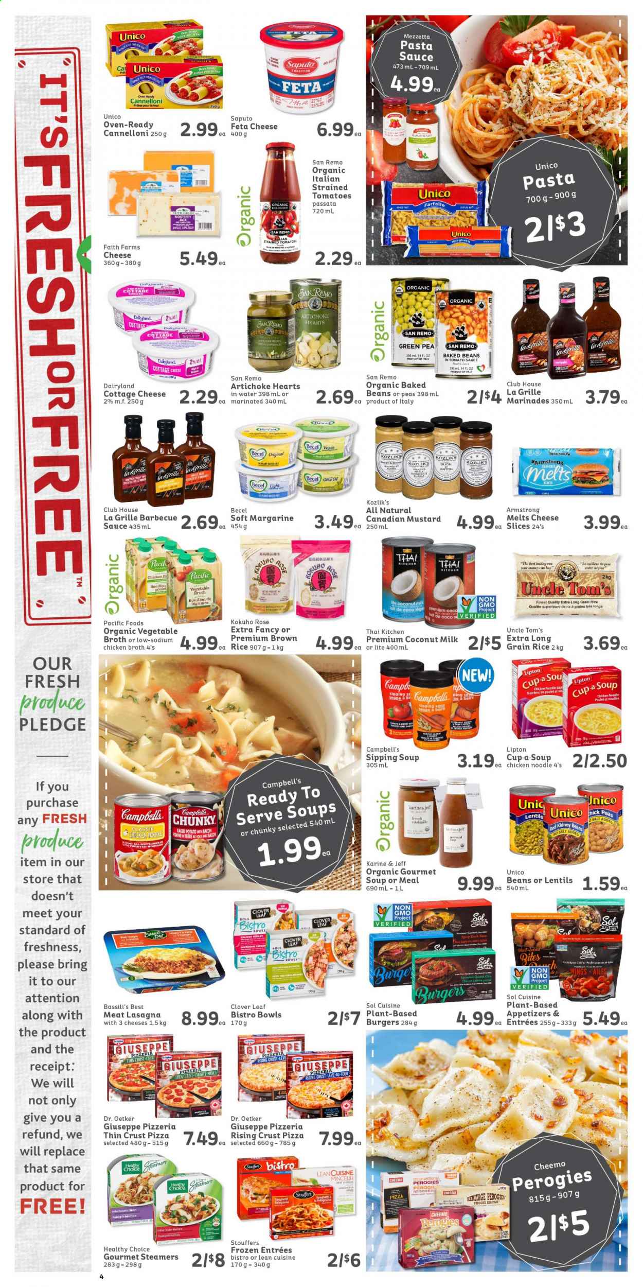 thumbnail - IGA Simple Goodness Flyer - January 01, 2021 - January 07, 2021 - Sales products - artichoke, beans, peas, Campbell's, spaghetti, pizza, pasta sauce, soup, hamburger, noodles, lasagna meal, Lean Cuisine, Healthy Choice, cottage cheese, Monterey Jack cheese, Dr. Oetker, feta, Clover, margarine, bouillon, chicken broth, salt, broth, coconut milk, lentils, kidney beans, baked beans, rice, long grain rice, BBQ sauce, mustard, rosé wine. Page 4.