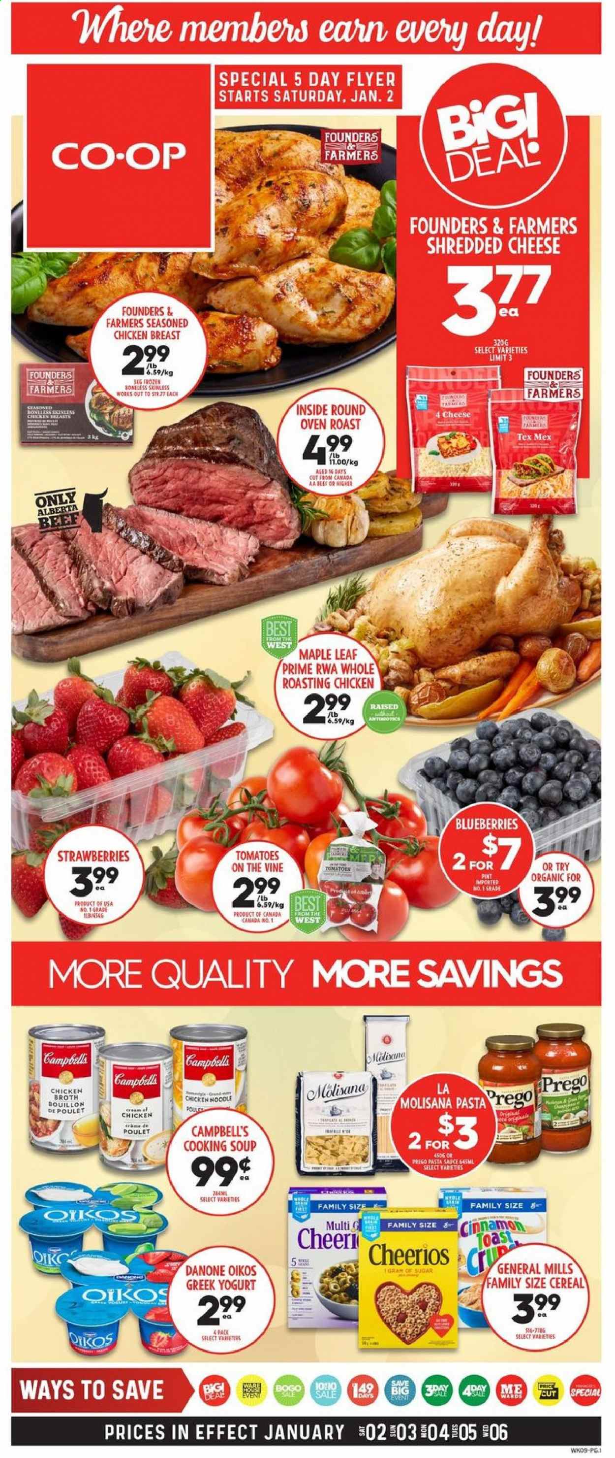 thumbnail - Calgary Co-op Flyer - January 02, 2021 - January 06, 2021 - Sales products - blueberries, Campbell's, chicken roast, pasta sauce, soup, sauce, shredded cheese, greek yoghurt, yoghurt, Oikos, bouillon, sugar, chicken broth, broth, cereals, Cheerios, cinnamon, chicken breasts, chicken, Danone. Page 1.
