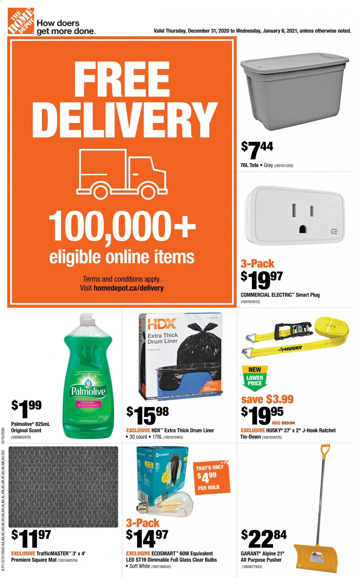 thumbnail - The Home Depot Flyer - December 31, 2020 - January 06, 2021 - Sales products - hook, bag, bulb, tote, smart plug. Page 1.