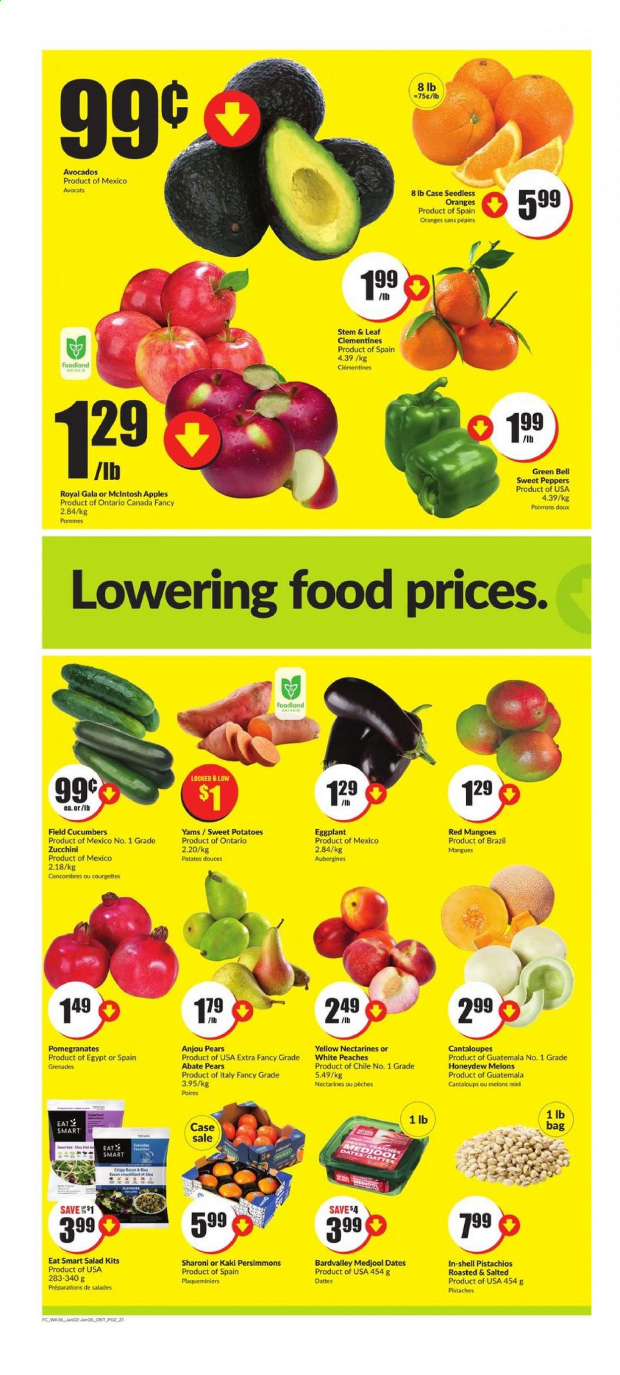 thumbnail - FreshCo. Flyer - January 02, 2021 - January 06, 2021 - Sales products - cantaloupe, cucumber, sweet peppers, sweet potato, zucchini, potatoes, salad, peppers, eggplant, avocado, clementines, Gala, mango, nectarines, honeydew, pears, persimmons, melons, pomegranate, peaches, bacon, pistachios, dried dates. Page 2.