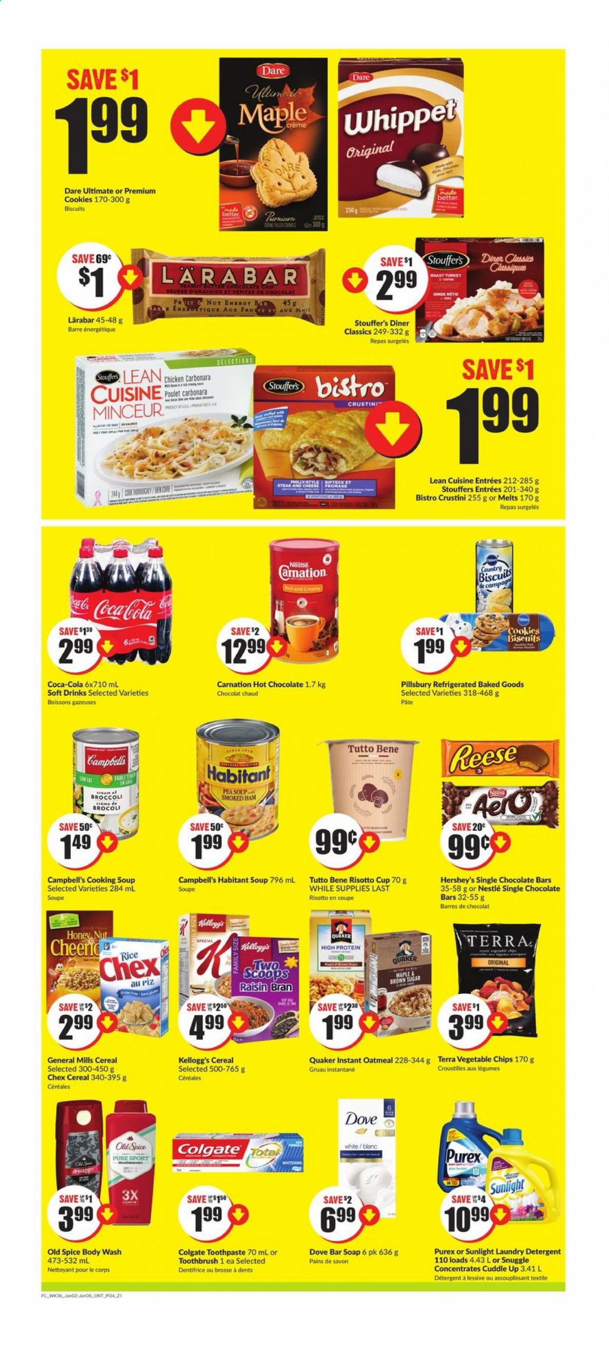 thumbnail - FreshCo. Flyer - January 02, 2021 - January 06, 2021 - Sales products - broccoli, Campbell's, risotto, soup, Pillsbury, Quaker, Lean Cuisine, ham, smoked ham, Hershey's, Stouffer's, cookies, Kellogg's, biscuit, chocolate bar, vegetable chips, oatmeal, cereals, Raisin Bran, rice, spice, Coca-Cola, soft drink, hot chocolate, Nestlé, Old Spice, chips, steak. Page 4.