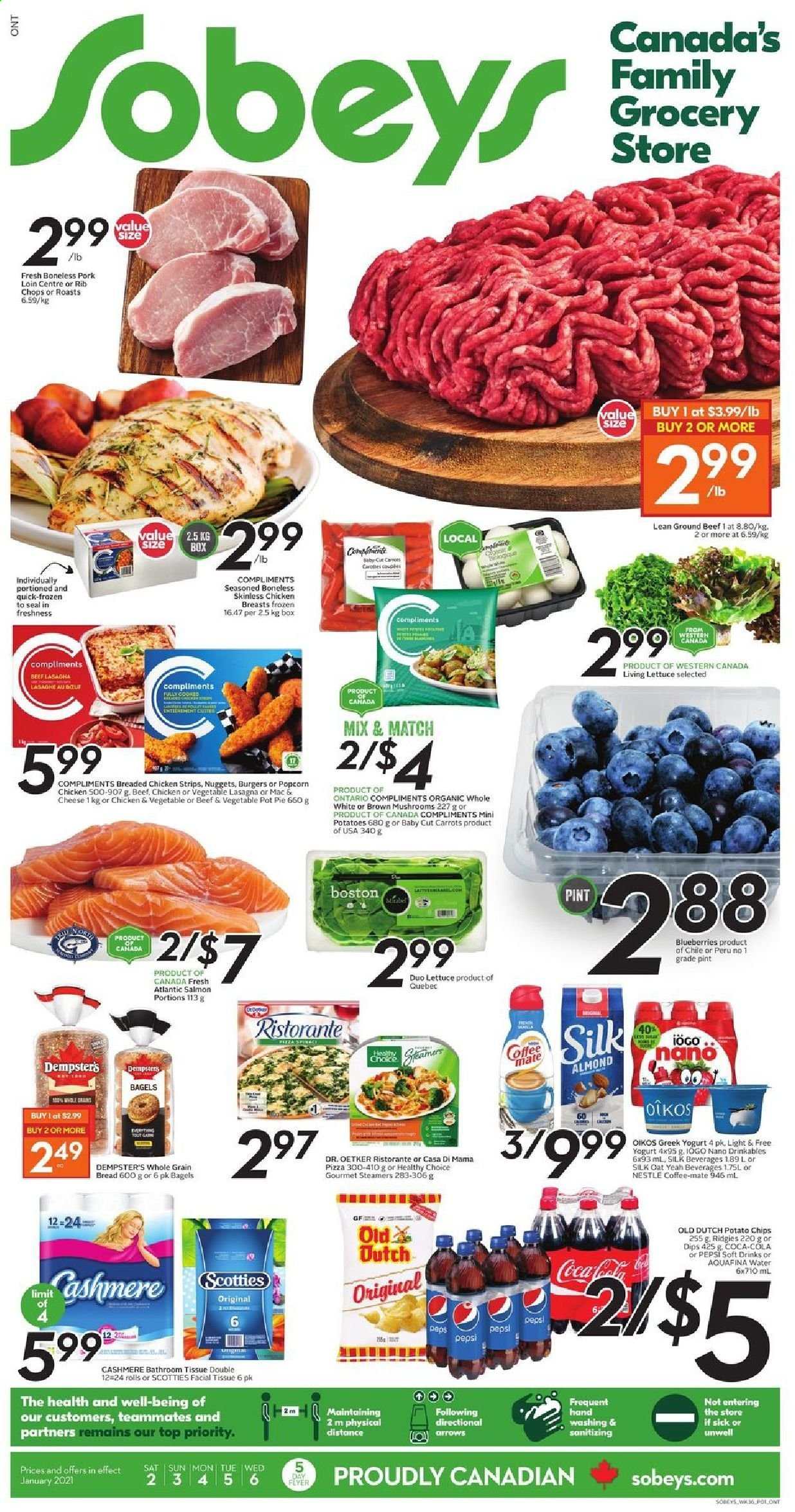 thumbnail - Sobeys Flyer - January 02, 2021 - January 06, 2021 - Sales products - bagels, bread, pie, pot pie, carrots, lettuce, blueberries, salmon, pizza, nuggets, hamburger, fried chicken, lasagna meal, Healthy Choice, Dr. Oetker, greek yoghurt, yoghurt, Oikos, Coffee-Mate, Silk, strips, chicken strips, potato chips, popcorn, Coca-Cola, Pepsi, soft drink, Aquafina, L'Or, beef meat, ground beef, pork loin, pork meat, rib chops, tissues, Nestlé. Page 1.