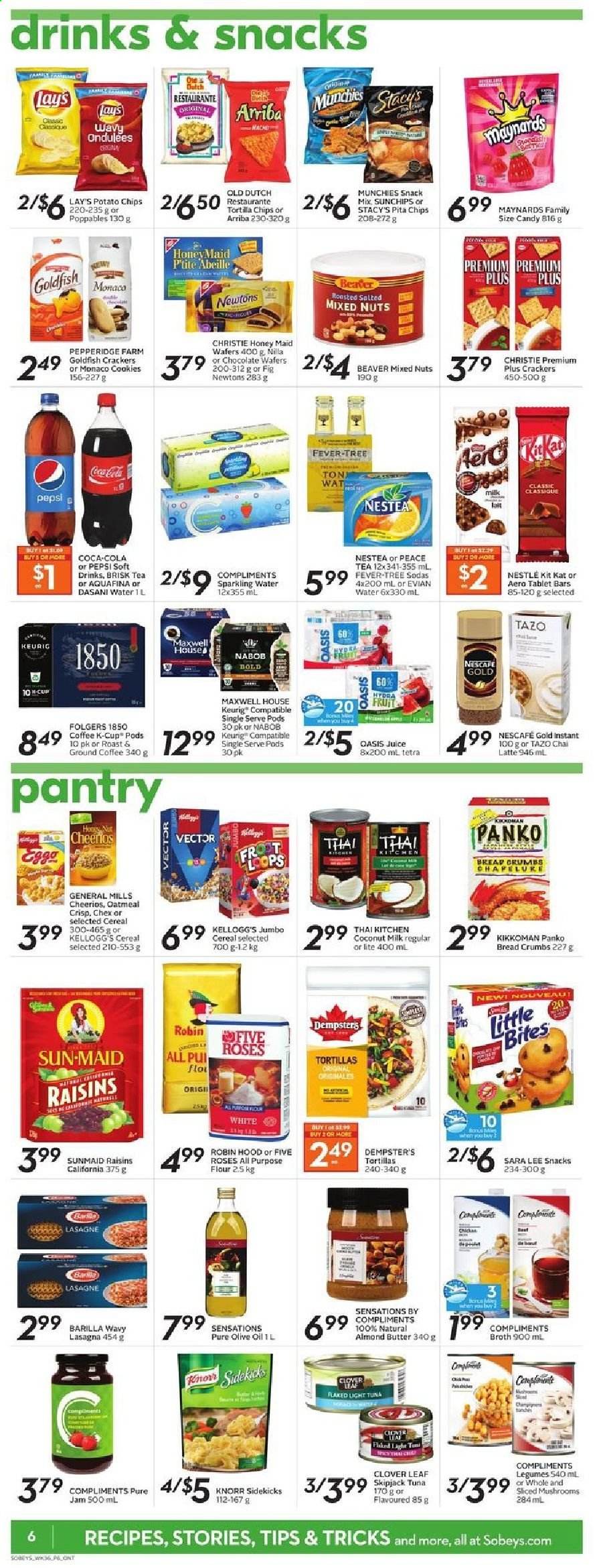 thumbnail - Sobeys Flyer - January 02, 2021 - January 06, 2021 - Sales products - mushrooms, Sara Lee, breadcrumbs, panko breadcrumbs, tuna, Barilla, lasagna meal, Clover, almond butter, cookies, wafers, chocolate wafer, chocolate, KitKat, crackers, Kellogg's, tortilla chips, potato chips, Lay’s, Goldfish, pita chips, oatmeal, broth, coconut milk, light tuna, cereals, Cheerios, Honey Maid, Kikkoman, olive oil, oil, fruit jam, dried fruit, mixed nuts, Coca-Cola, Pepsi, juice, soft drink, Aquafina, sparkling water, Evian, Maxwell House, tea, coffee, Folgers, ground coffee, coffee capsules, K-Cups, Keurig, Knorr, Nestlé, raisins, chips, Nescafé. Page 7.
