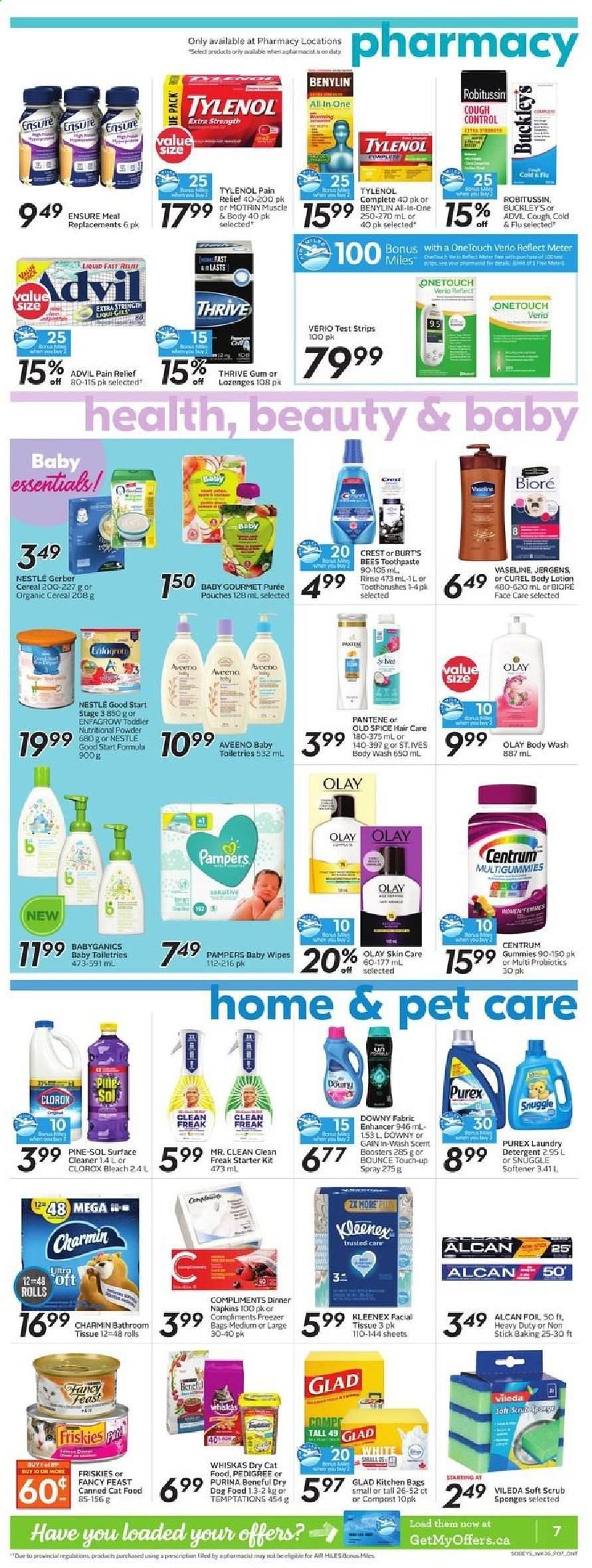 thumbnail - Sobeys Flyer - January 02, 2021 - January 06, 2021 - Sales products - Gerber, cereals, spice, L'Or, baby food pouch, wipes, baby wipes, napkins, Aveeno, bath tissue, Kleenex, Charmin, Gain, surface cleaner, cleaner, bleach, Clorox, Pine-Sol, Snuggle, fabric softener, laundry detergent, Bounce, scent booster, Purex, Downy Laundry, body wash, Vaseline, toothpaste, Crest, Olay, Curél, Bioré®, body lotion, Jergens, bag, animal food, cat food, dog food, Purina, Pedigree, dry dog food, dry cat food, Fancy Feast, Friskies, pain relief, Cold & Flu, Tylenol, probiotics, Advil Rapid, Centrum, Benylin, Motrin, Nestlé, Robitussin, Pampers, Pantene, Old Spice. Page 8.