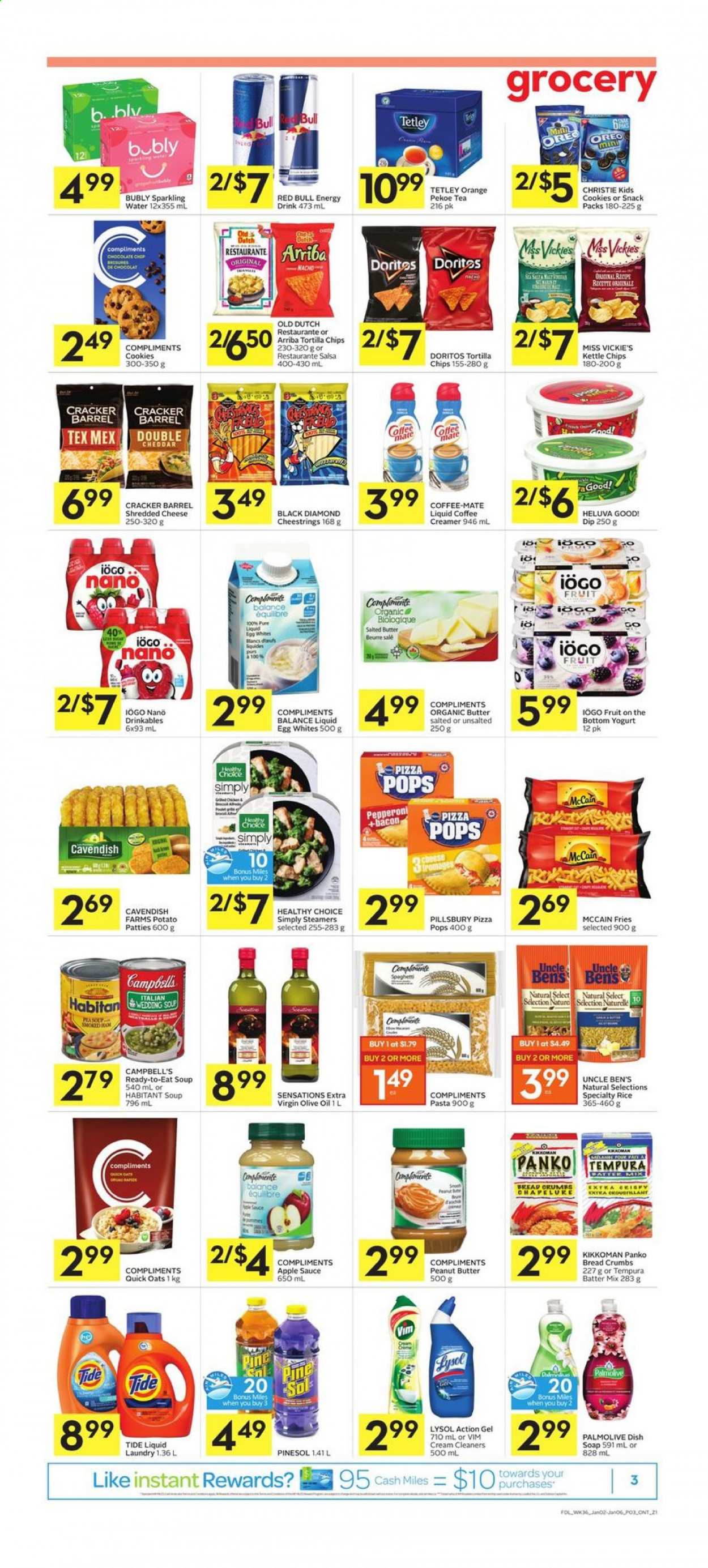 thumbnail - Foodland Flyer - January 02, 2021 - January 06, 2021 - Sales products - panko breadcrumbs, Campbell's, pizza, soup, pasta, sauce, Pillsbury, Healthy Choice, bacon, pepperoni, shredded cheese, string cheese, Oreo, yoghurt, Coffee-Mate, eggs, salted butter, creamer, McCain, potato fries, cookies, chocolate, crackers, Doritos, tortilla chips, oats, Uncle Ben's, Quick Oats, rice, Kikkoman, salsa, extra virgin olive oil, olive oil, oil, apple sauce, peanut butter, energy drink, Red Bull, sparkling water, tea, chips. Page 3.