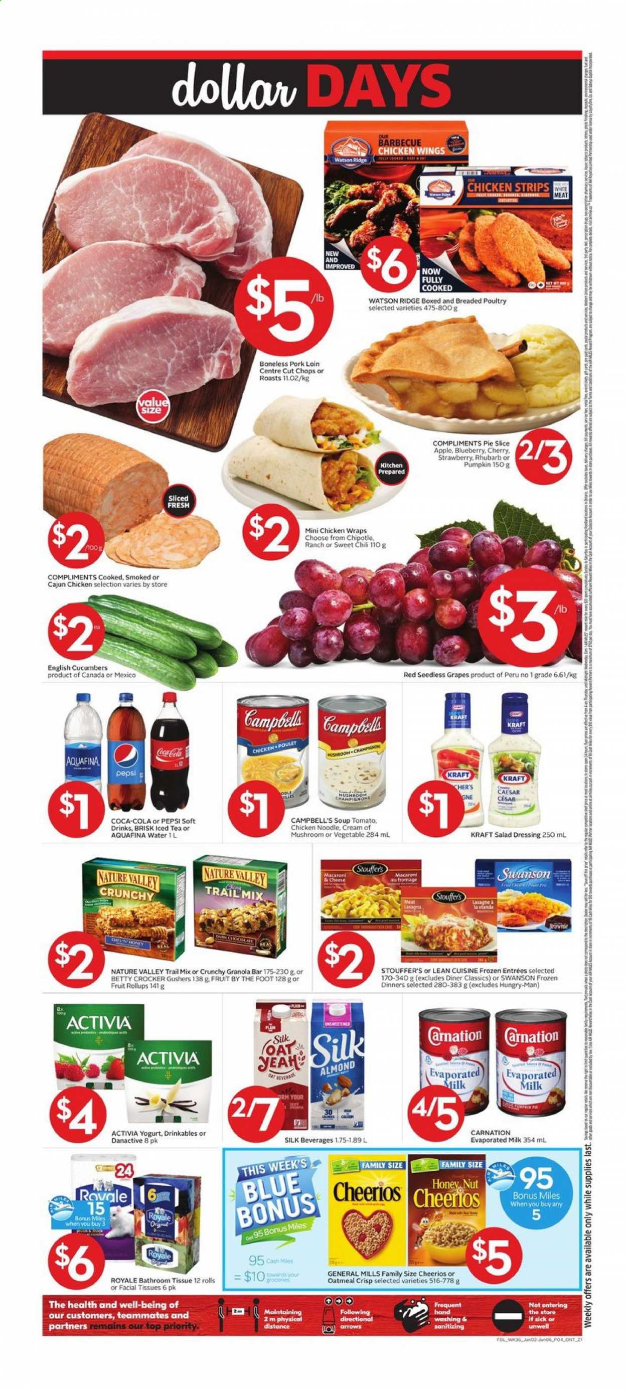 thumbnail - Foodland Flyer - January 02, 2021 - January 06, 2021 - Sales products - pie, wraps, cucumber, rhubarb, pumpkin, grapes, seedless grapes, Campbell's, macaroni & cheese, soup, noodles, lasagna meal, Lean Cuisine, Kraft®, yoghurt, Activia, evaporated milk, Silk, chicken wings, strips, chicken strips, Stouffer's, oatmeal, Cheerios, granola bar, Nature Valley, salad dressing, dressing, trail mix, Coca-Cola, Pepsi, ice tea, soft drink, Aquafina, pork loin, pork meat, granola. Page 4.