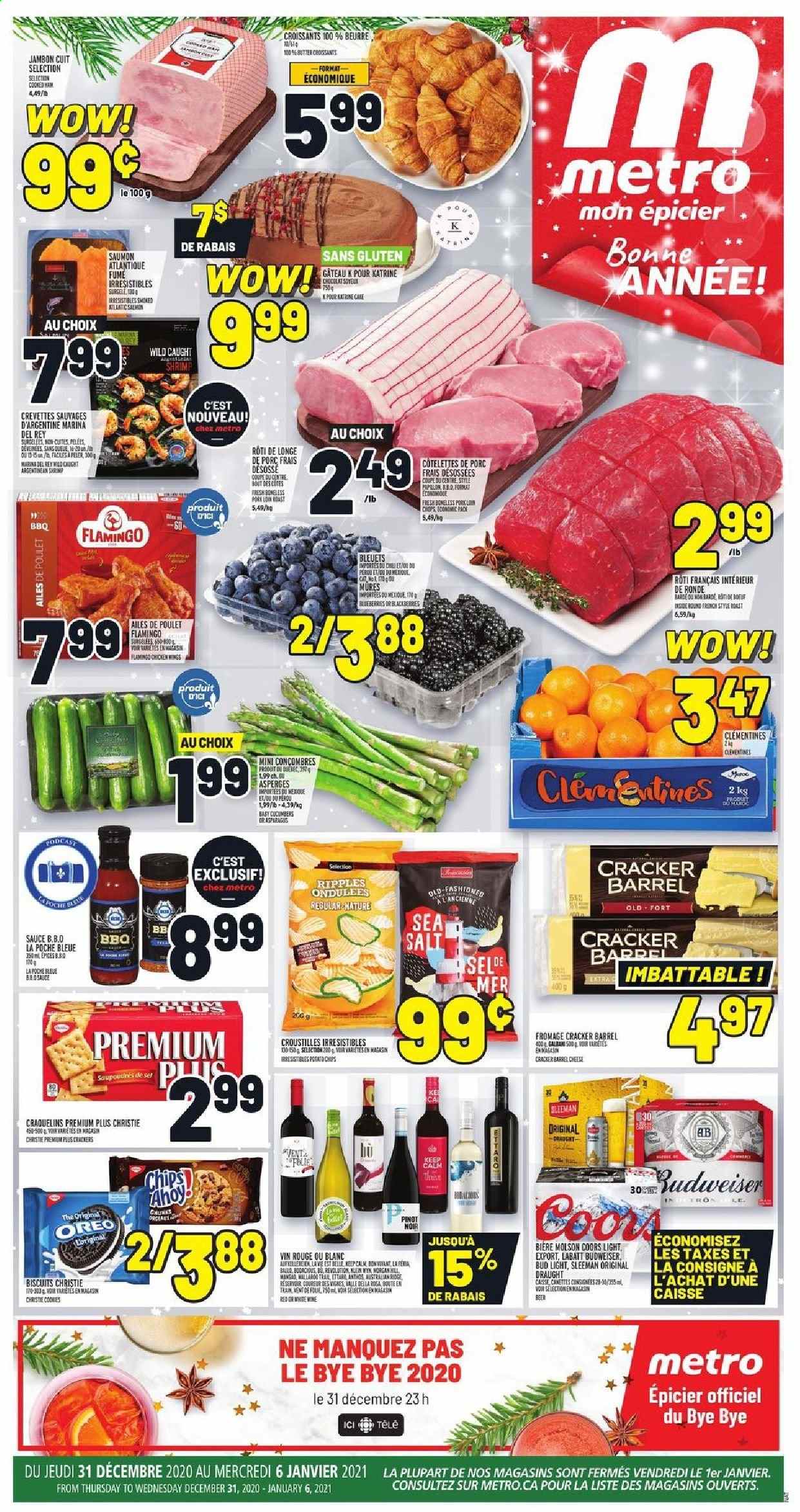 thumbnail - Metro Flyer - December 31, 2020 - January 06, 2021 - Sales products - cake, croissant, cucumber, blackberries, clementines, salmon, shrimps, sauce, ham, cheese, Galbani, crackers, biscuit, Pinot Noir, beer, Bud Light, Oreo, chips, Coors. Page 1.