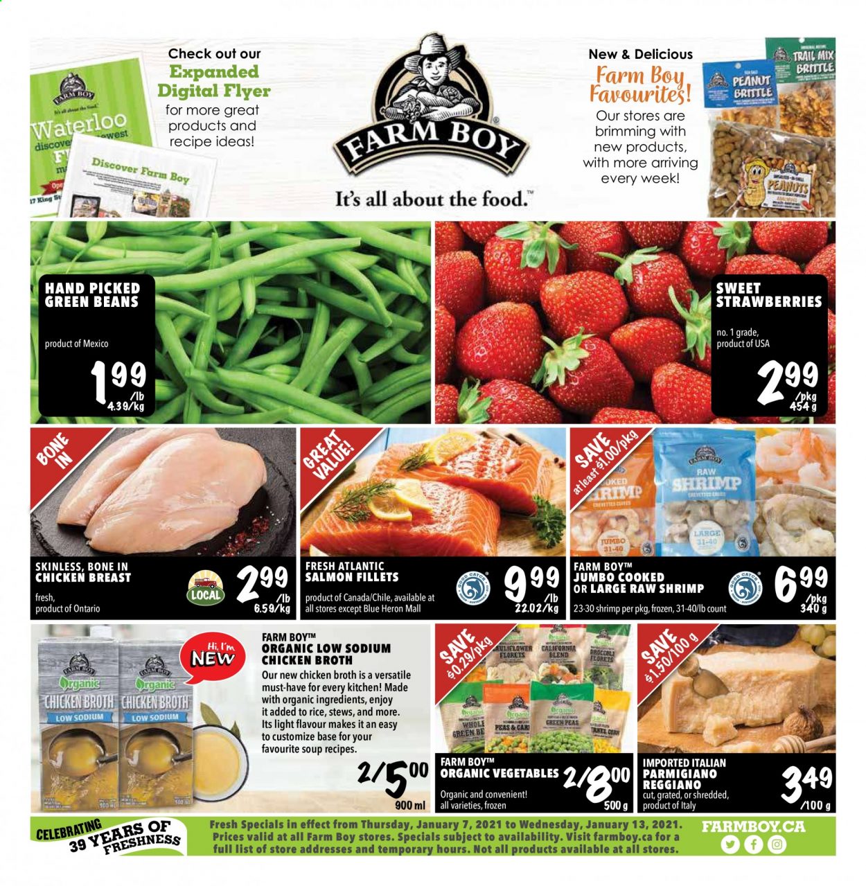 thumbnail - Farm Boy Flyer - January 07, 2021 - January 13, 2021 - Sales products - green beans, salmon, salmon fillet, shrimps, soup, Parmigiano Reggiano, chicken broth, broth, chicken breasts, chicken. Page 1.