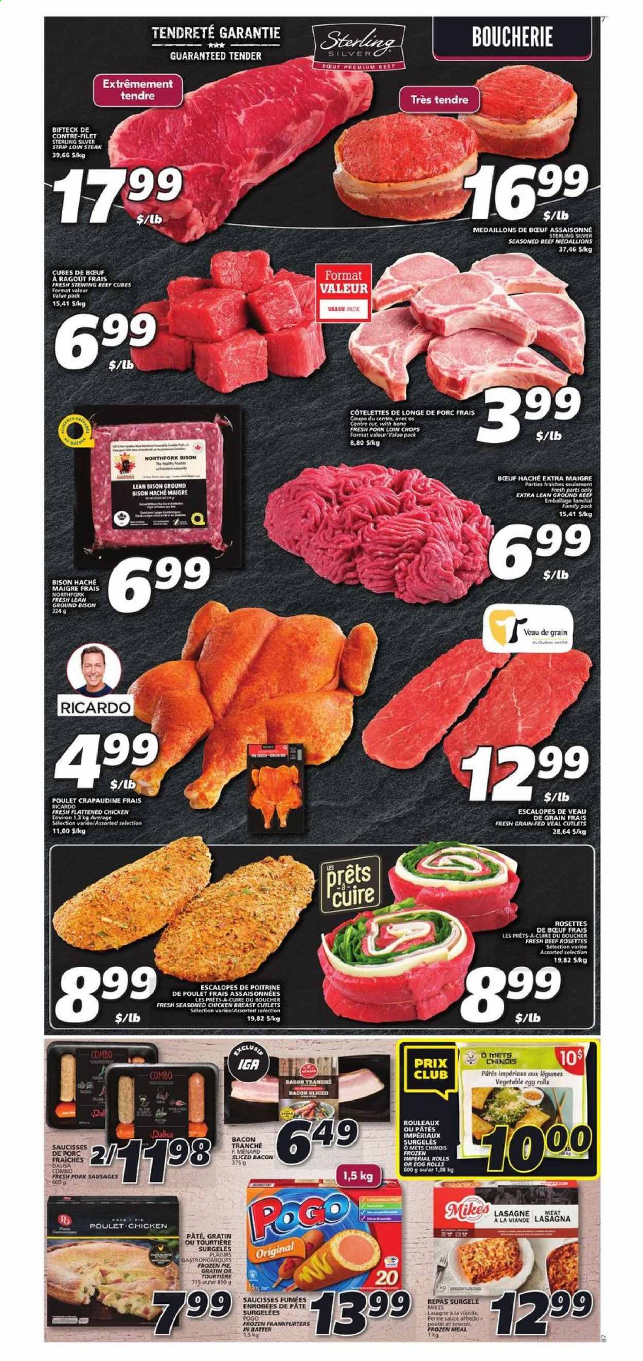 thumbnail - IGA Flyer - January 07, 2021 - January 13, 2021 - Sales products - pie, sauce, egg rolls, lasagna meal, Alfredo sauce, bacon, sausage, penne, chicken breasts, chicken, beef meat, ground beef, veal cutlet, veal meat, bison meat, pork chops, pork loin, pork meat, steak. Page 4.