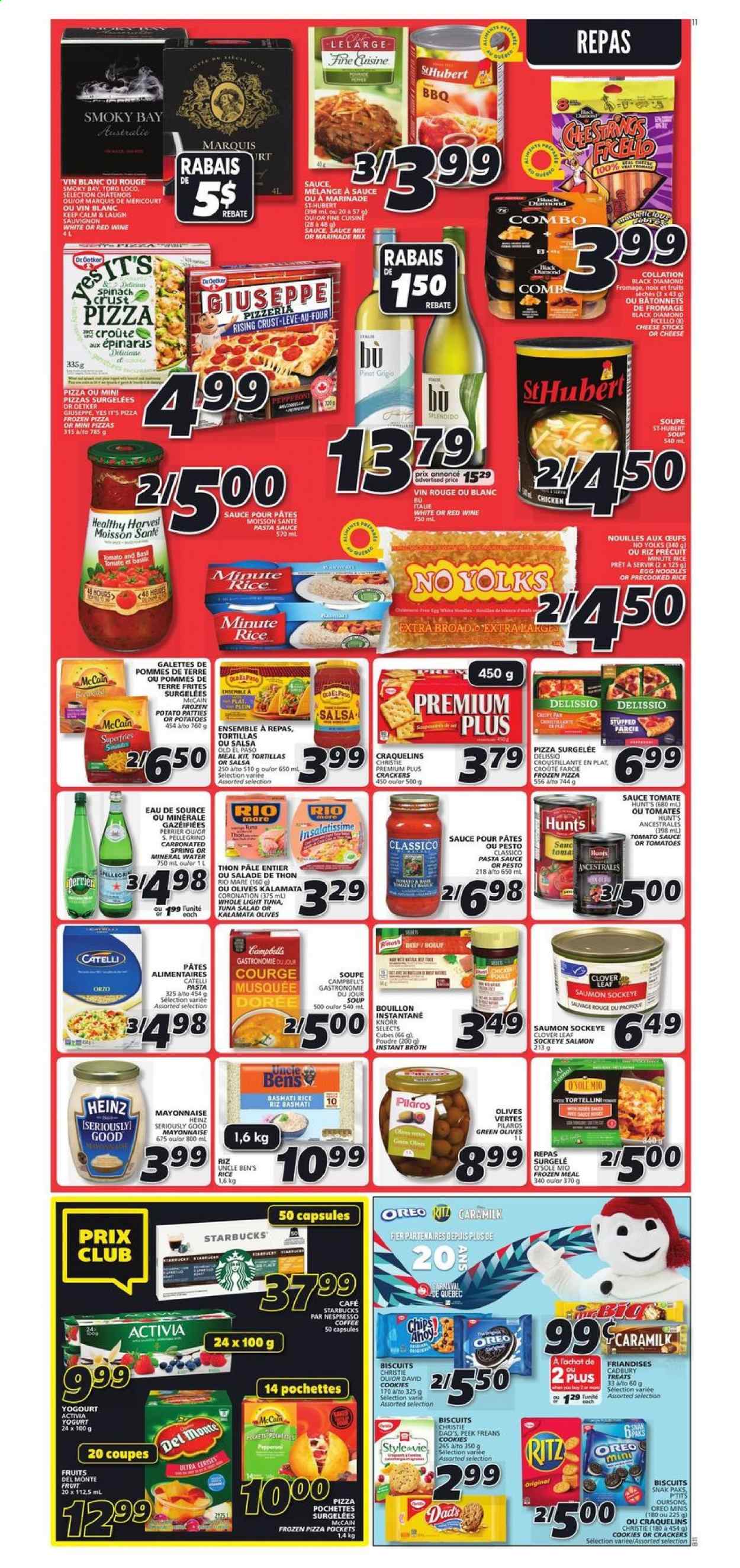 thumbnail - IGA Flyer - January 07, 2021 - January 13, 2021 - Sales products - tortillas, Old El Paso, potatoes, salmon, Campbell's, pizza, pasta sauce, soup, tortellini, pepperoni, tuna salad, Dr. Oetker, Oreo, yoghurt, Clover, Activia, eggs, mayonnaise, cheese sticks, McCain, potato fries, cookies, crackers, biscuit, Cadbury, RITZ, bouillon, broth, tomato sauce, Heinz, light tuna, Uncle Ben's, basmati rice, rice, salsa, marinade, Classico, Perrier, mineral water, coffee, Nespresso, Starbucks, white wine, Pinot Grigio, Knorr, olives. Page 8.