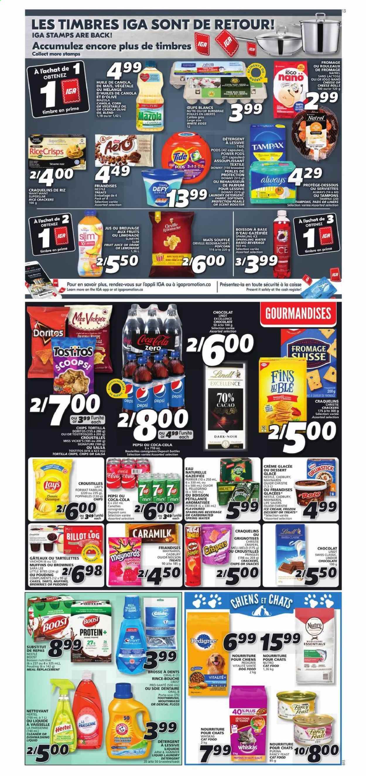 thumbnail - IGA Flyer - January 07, 2021 - January 13, 2021 - Sales products - cake, Sara Lee, brownies, muffin, corn, pudding, eggs, ice cream, crackers, Cadbury, Little Bites, Doritos, tortilla chips, Pringles, Lay’s, popcorn, cheese rolls, Tostitos, ARM & HAMMER, rice, salsa, olive oil, Coca-Cola, lemonade, Pepsi, juice, fruit juice, Perrier, spring water, San Pellegrino, Boost, Nestlé, Tampax, Oral-B. Page 10.