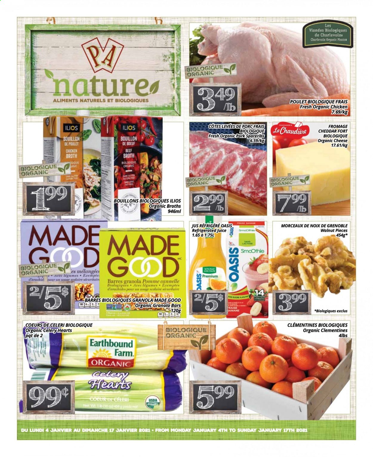 thumbnail - PA Nature Flyer - January 04, 2021 - January 17, 2021 - Sales products - celery, sleeved celery, clementines, cheddar, cheese, beef broth, bouillon, chicken broth, broth, granola bar, walnuts, juice, smoothie, pork spare ribs. Page 1.