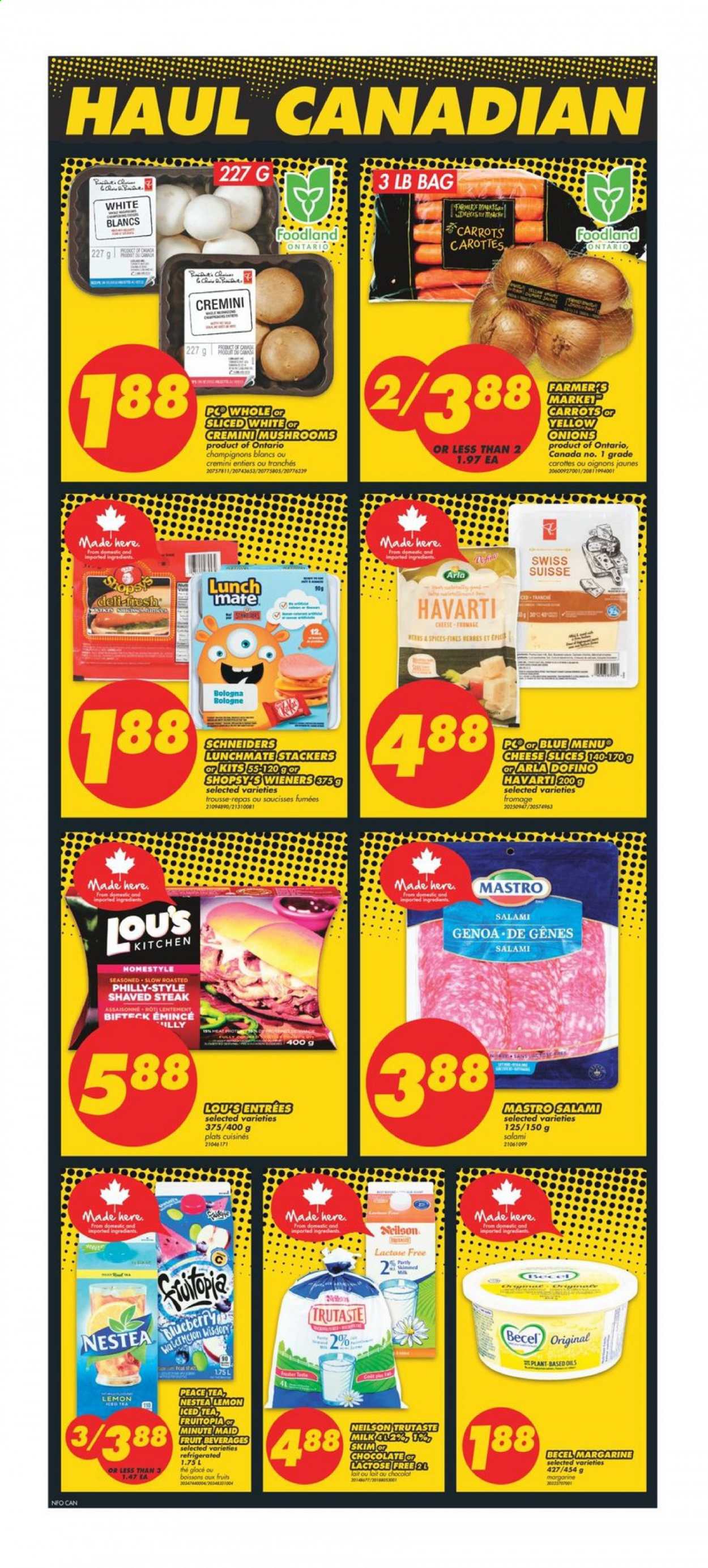 thumbnail - No Frills Flyer - January 07, 2021 - January 13, 2021 - Sales products - onion, salami, bologna sausage, sliced cheese, Havarti, cheese, Arla, margarine, chocolate, ice tea, fruit punch, Illy, steak. Page 2.