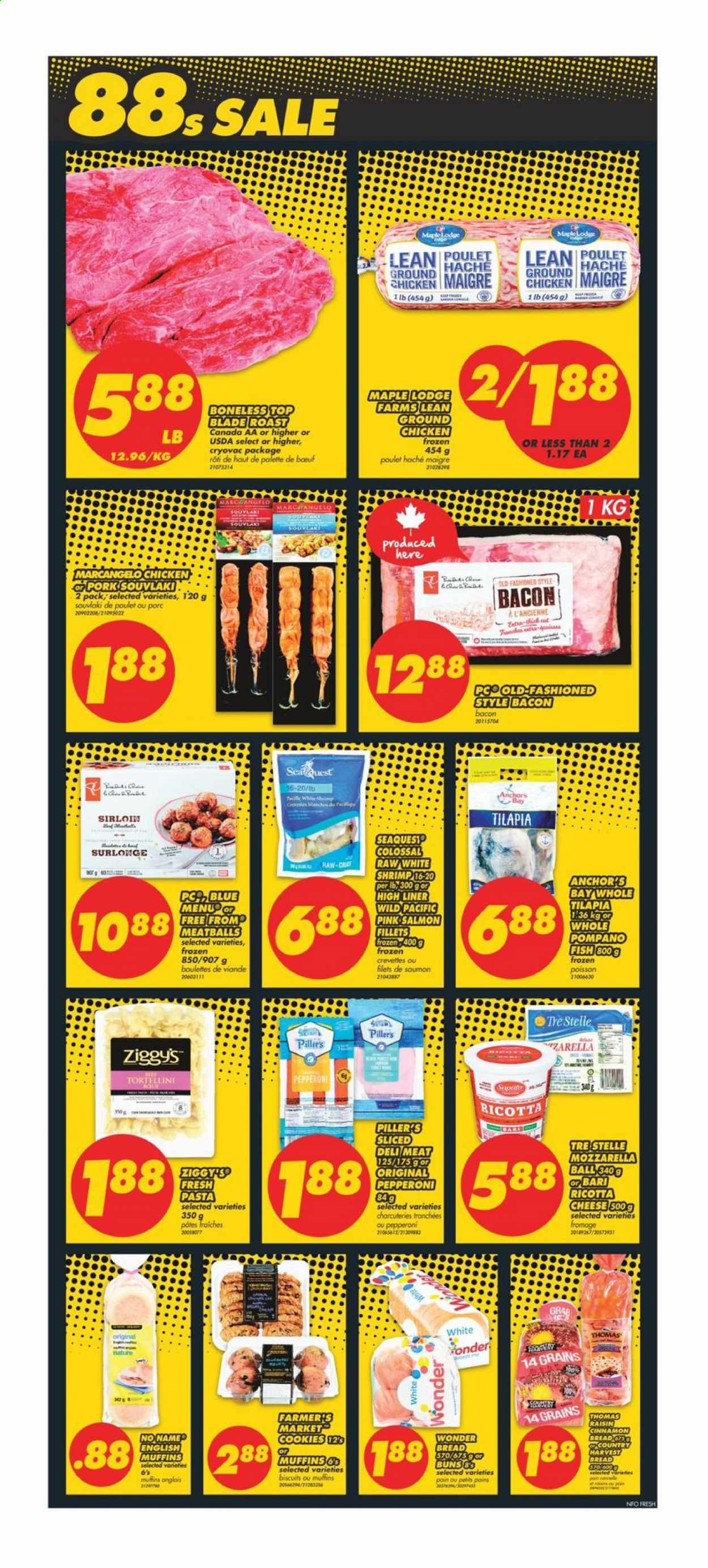 thumbnail - No Frills Flyer - January 07, 2021 - January 13, 2021 - Sales products - bread, english muffins, buns, salmon, salmon fillet, tilapia, fish, shrimps, No Name, meatballs, tortellini, bacon, pepperoni, cheese, Anchor, Country Harvest, cookies, biscuit, cinnamon, ground chicken, chicken, beef meat, top blade, ricotta, Palette. Page 4.