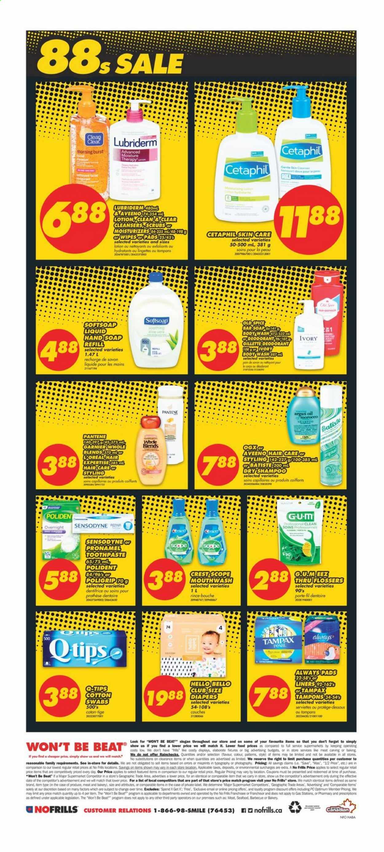 thumbnail - No Frills Flyer - January 07, 2021 - January 13, 2021 - Sales products - seafood, spice, wipes, nappies, Aveeno, body wash, Softsoap, hand soap, soap bar, soap, toothpaste, mouthwash, Polident, Crest, Always pads, tampons, L’Oréal, Moisture Therapy, moisturizer, Clean & Clear, OGX, body lotion, Lubriderm, anti-perspirant, Optimum, argan oil, Garnier, Gillette, shampoo, Tampax, Pantene, Old Spice, Sensodyne, deodorant. Page 8.