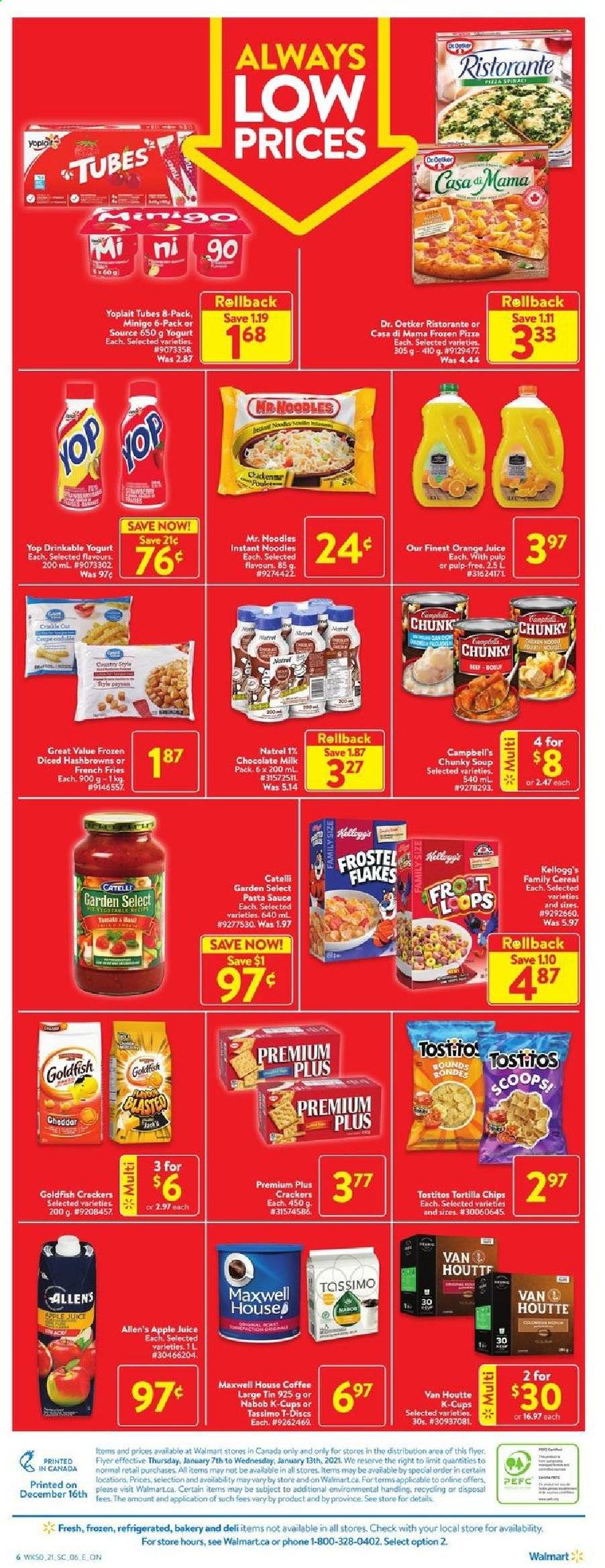 thumbnail - Walmart Flyer - January 07, 2021 - January 13, 2021 - Sales products - Campbell's, pasta sauce, soup, instant noodles, sauce, noodles, Dr. Oetker, yoghurt, Yoplait, milk, hash browns, potato fries, french fries, milk chocolate, chocolate, crackers, Kellogg's, tortilla chips, Goldfish, Tostitos, cereals, apple juice, orange juice, juice, Maxwell House, coffee, coffee capsules, K-Cups. Page 3.