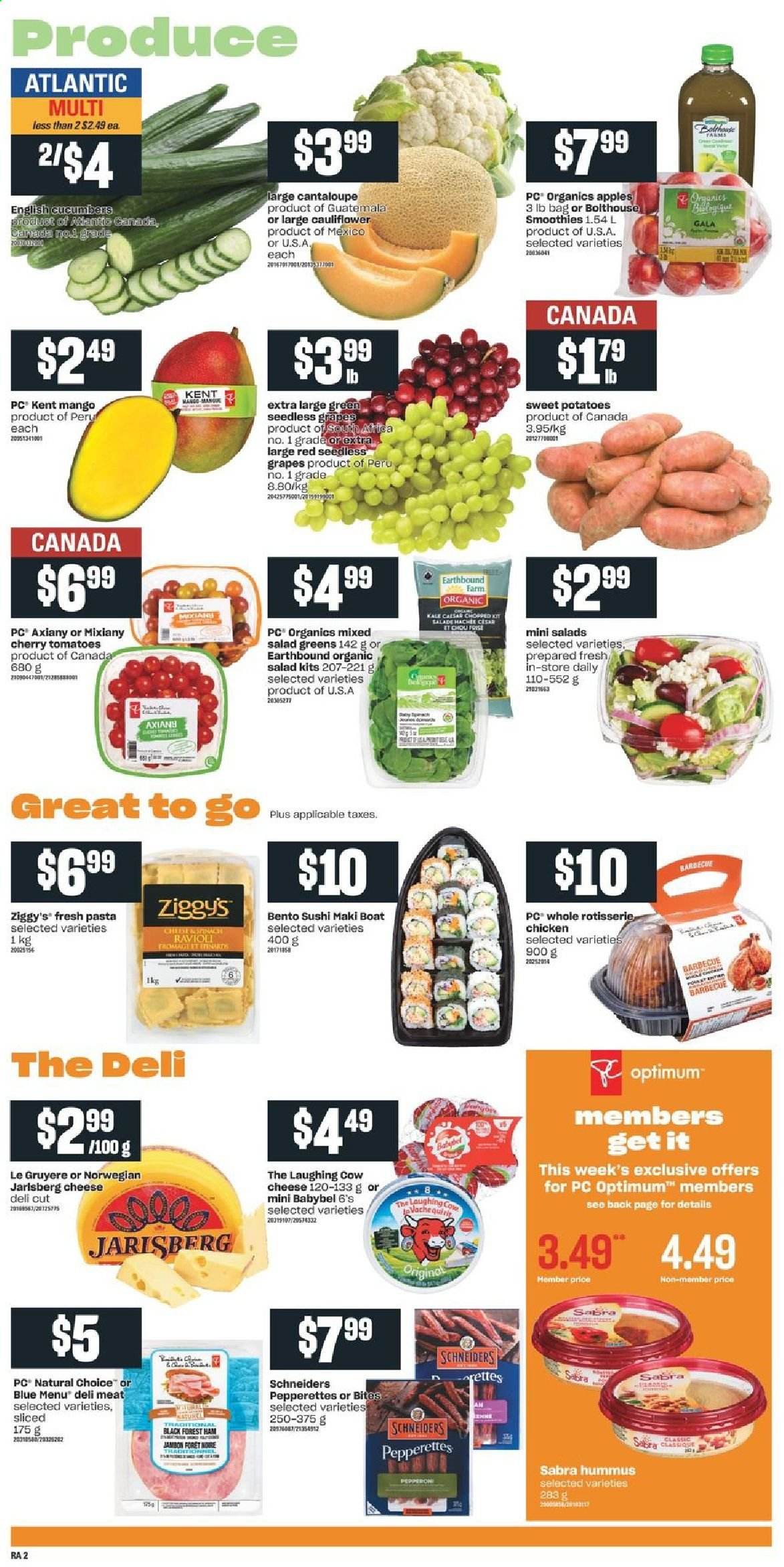 thumbnail - Atlantic Superstore Flyer - January 07, 2021 - January 13, 2021 - Sales products - cantaloupe, cauliflower, cucumber, sweet potato, tomatoes, kale, potatoes, salad, salad greens, apples, Gala, grapes, seedless grapes, cherries, ravioli, chicken roast, ham, pepperoni, hummus, Gruyere, cheese, The Laughing Cow, Babybel, smoothie, Optimum. Page 3.