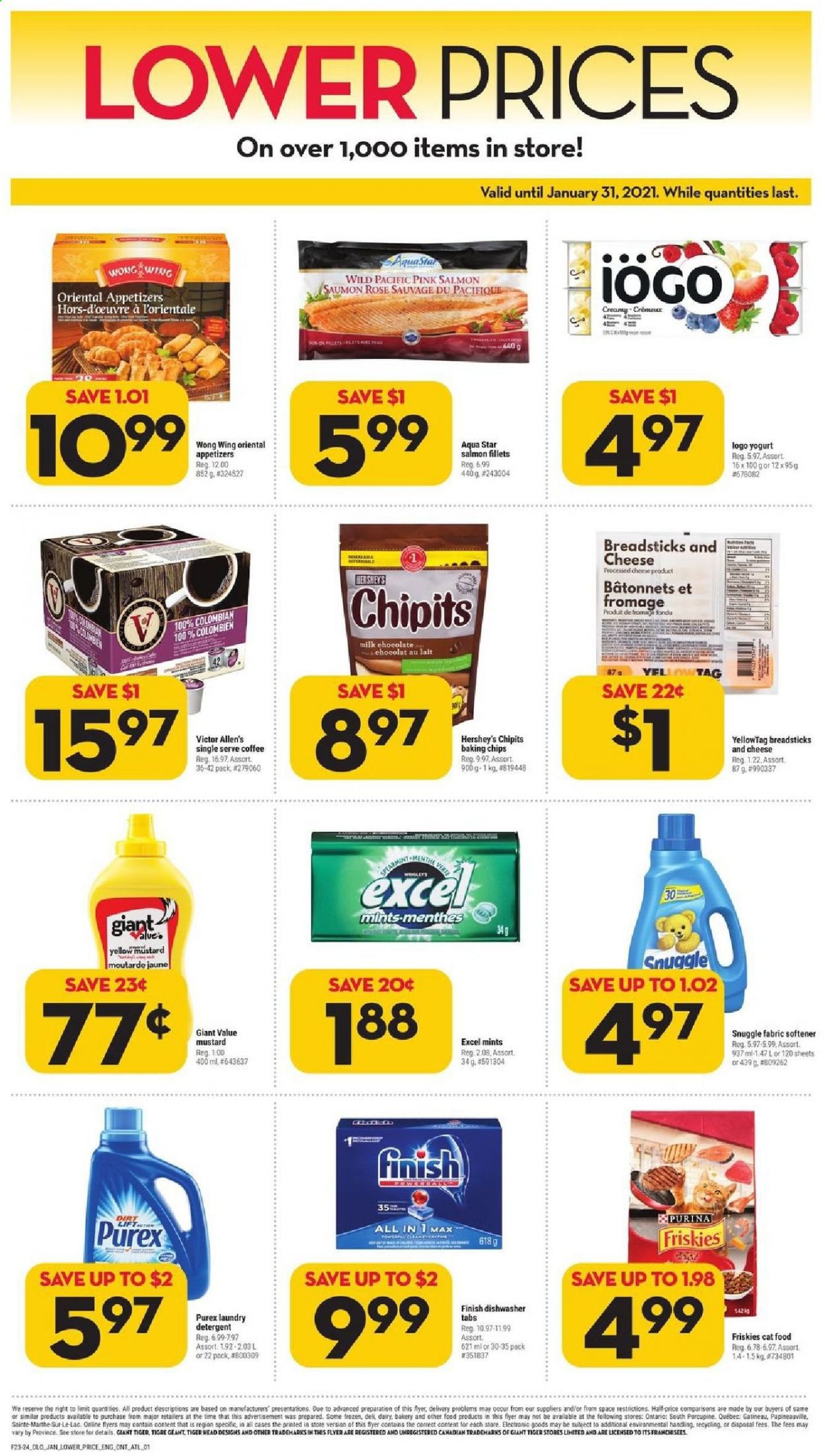 thumbnail - Giant Tiger Flyer - January 06, 2021 - January 12, 2021 - Sales products - salmon fillet, yoghurt, milk, Hershey's, bread sticks, baking chips, mustard, coffee, L'Or, wine, rosé wine, Snuggle, fabric softener, laundry detergent, Purex, animal food, cat food, Purina, Friskies, dishwasher, rose. Page 3.