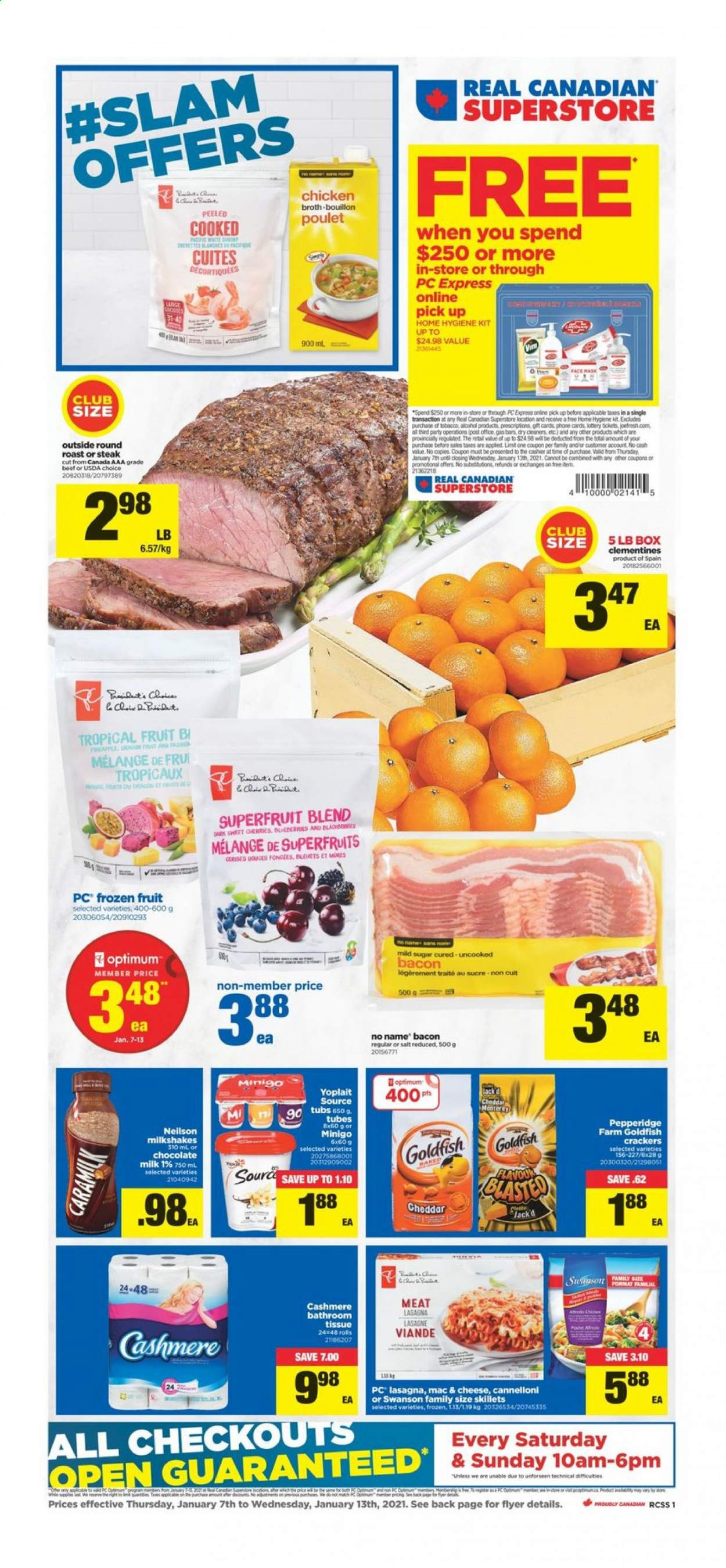 thumbnail - Real Canadian Superstore Flyer - January 07, 2021 - January 13, 2021 - Sales products - clementines, No Name, lasagna meal, bacon, Yoplait, milk, milk chocolate, chocolate, crackers, Goldfish, bouillon, sugar, chicken broth, broth, alcohol, beef meat, round roast, bath tissue, Optimum, Lack, steak. Page 1.