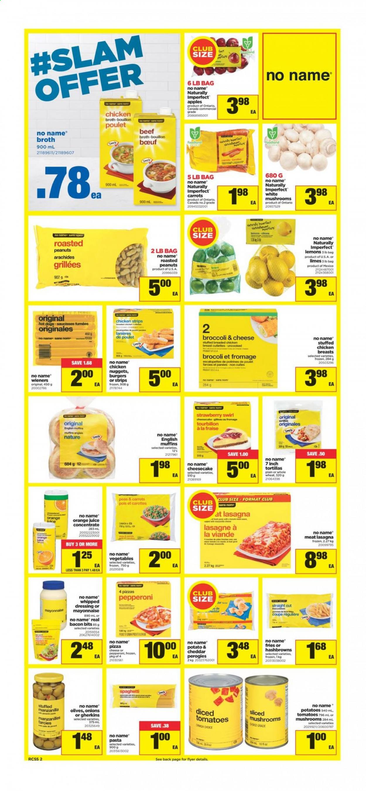 thumbnail - Real Canadian Superstore Flyer - January 07, 2021 - January 13, 2021 - Sales products - english muffins, tortillas, cheesecake, broccoli, carrots, potatoes, onion, apples, limes, lemons, No Name, spaghetti, hot dog, pizza, nuggets, hamburger, pasta, fried chicken, lasagna meal, stuffed chicken, mayonnaise, Ola, strips, chicken strips, hash browns, potato fries, bouillon, chicken broth, broth, bacon bits, dressing, roasted peanuts, peanuts, orange juice, juice, jar, olives. Page 3.