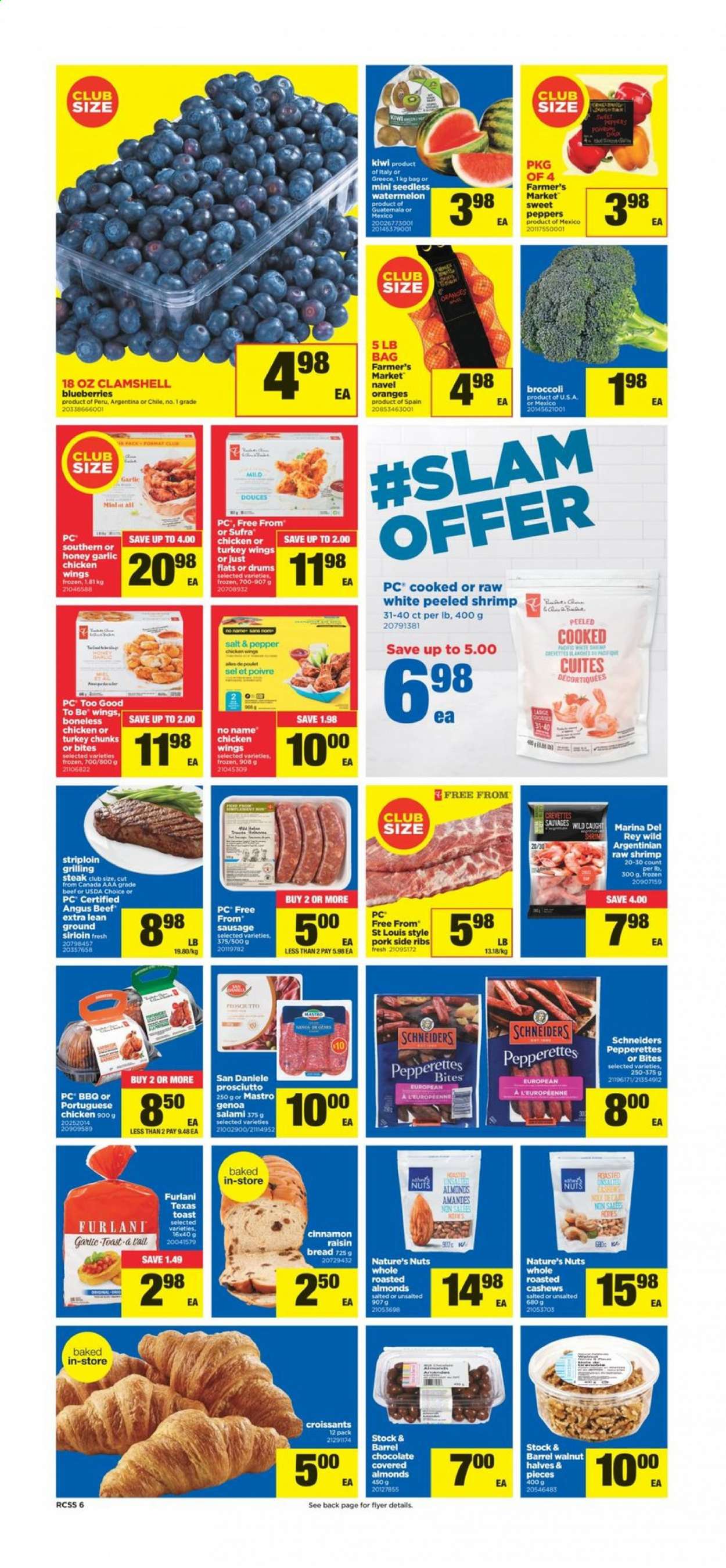 thumbnail - Real Canadian Superstore Flyer - January 07, 2021 - January 13, 2021 - Sales products - bread, croissant, broccoli, garlic, blueberries, watermelon, No Name, salami, prosciutto, sausage, chicken wings, almonds, cashews, walnuts, turkey wings, turkey, beef meat, kiwi, steak. Page 7.