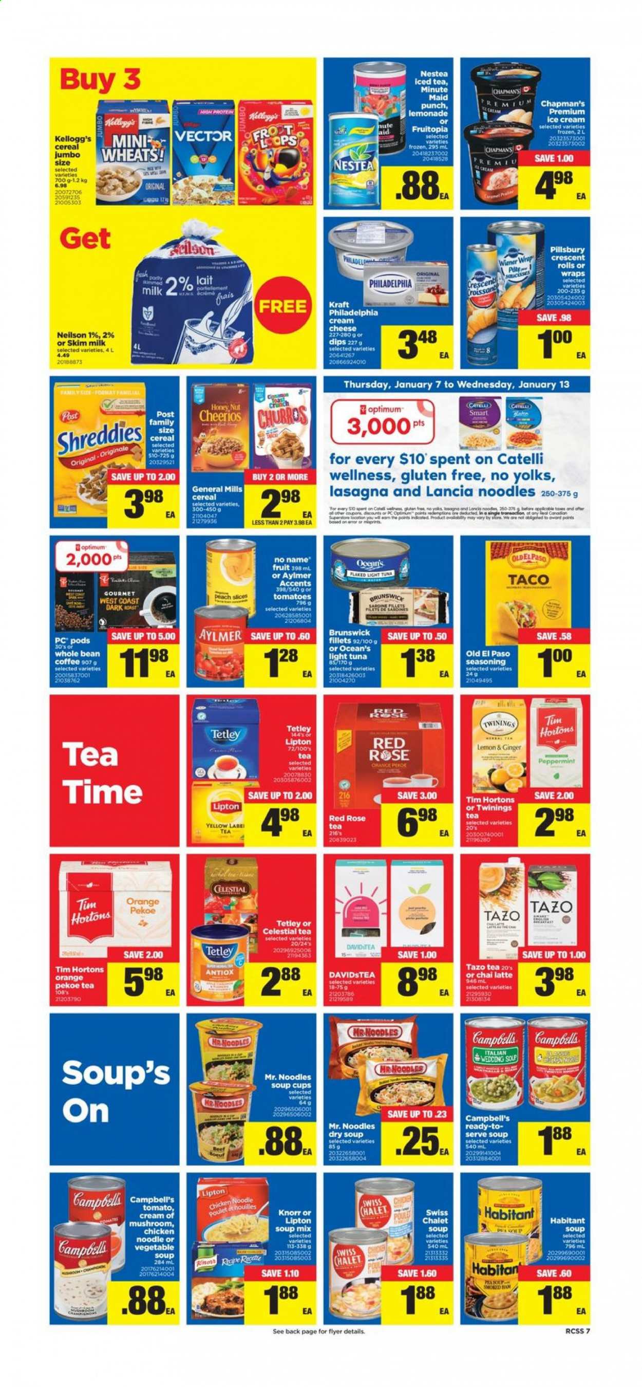 thumbnail - Real Canadian Superstore Flyer - January 07, 2021 - January 13, 2021 - Sales products - Old El Paso, wraps, crescent rolls, tomatoes, sardines, tuna, No Name, Campbell's, soup mix, soup, Pillsbury, noodles, lasagna meal, Kraft®, ham, smoked ham, cream cheese, cheese, milk, ice cream, Kellogg's, light tuna, cereals, Cheerios, churros, spice, lemonade, ice tea, fruit punch, Twinings, coffee, wine, rosé wine, cup, Optimum, rose, Knorr. Page 8.