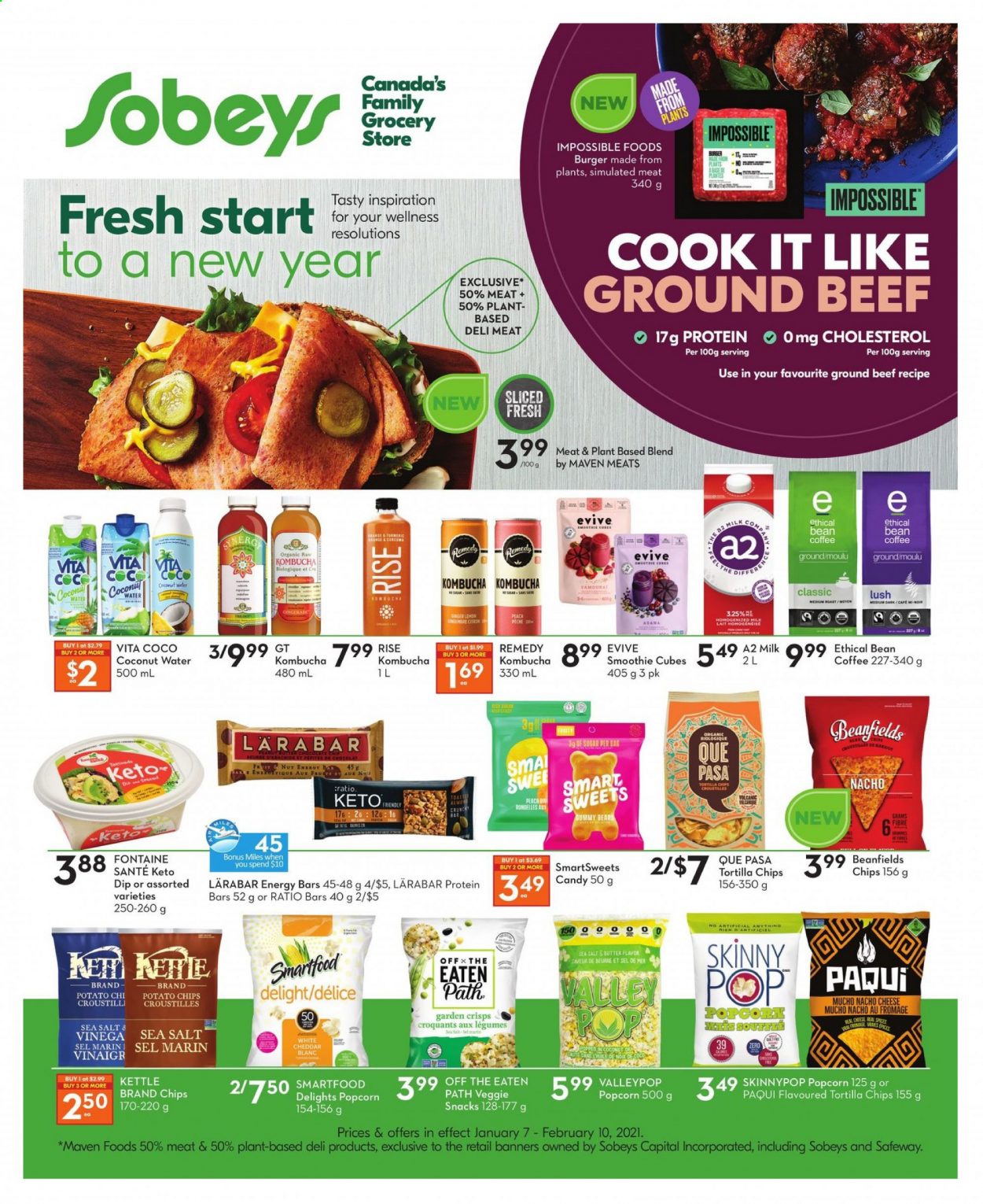 thumbnail - Sobeys Flyer - January 07, 2021 - February 10, 2021 - Sales products - ginger, hamburger, cheese, milk, butter, snack, tortilla chips, Smartfood, popcorn, Skinny Pop, sugar, protein bar, energy bar, turmeric, coconut water, smoothie, kombucha, coffee, beef meat, ground beef, bag, Ethical, chips. Page 1.