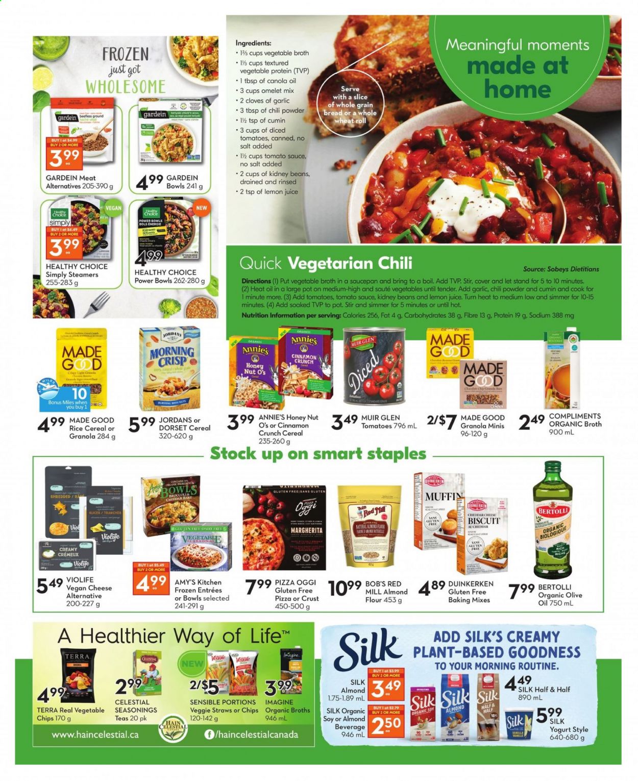 thumbnail - Sobeys Flyer - January 07, 2021 - February 10, 2021 - Sales products - muffin, pizza, Healthy Choice, Annie's, Bertolli, yoghurt, biscuit, vegetable chips, veggie straws, flour, broth, almond flour, tomato sauce, kidney beans, cereals, granola bar, cloves, cumin, cinnamon, canola oil, olive oil, lemon juice, Half and half, Moments. Page 2.