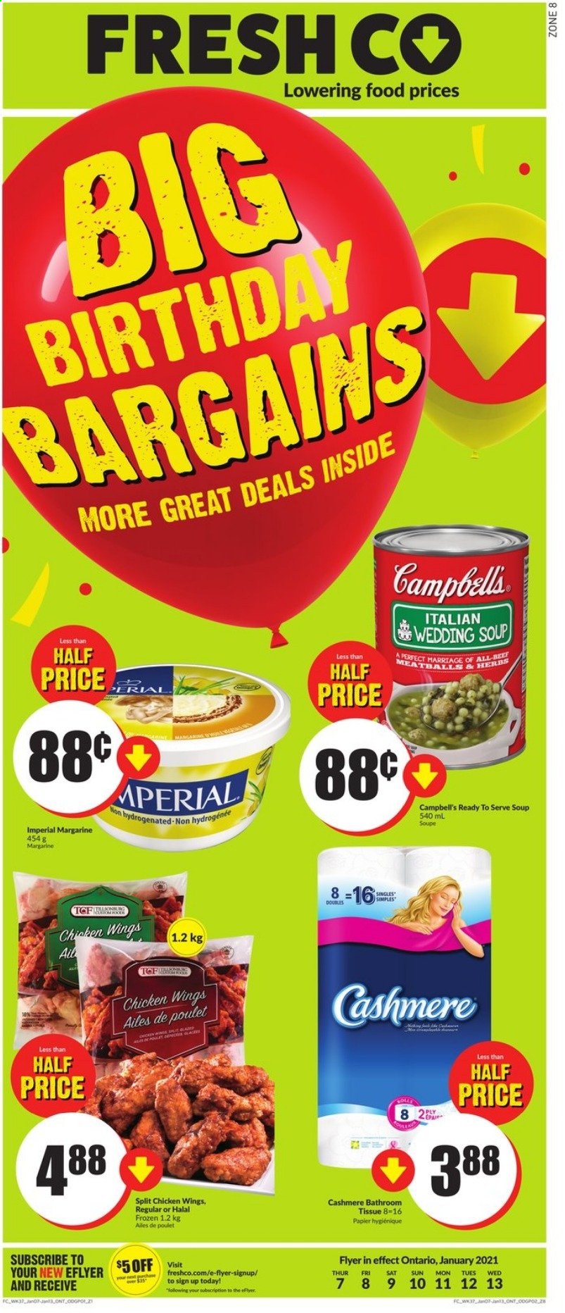 thumbnail - FreshCo. Flyer - January 07, 2021 - January 13, 2021 - Sales products - Campbell's, soup, margarine, chicken wings. Page 1.