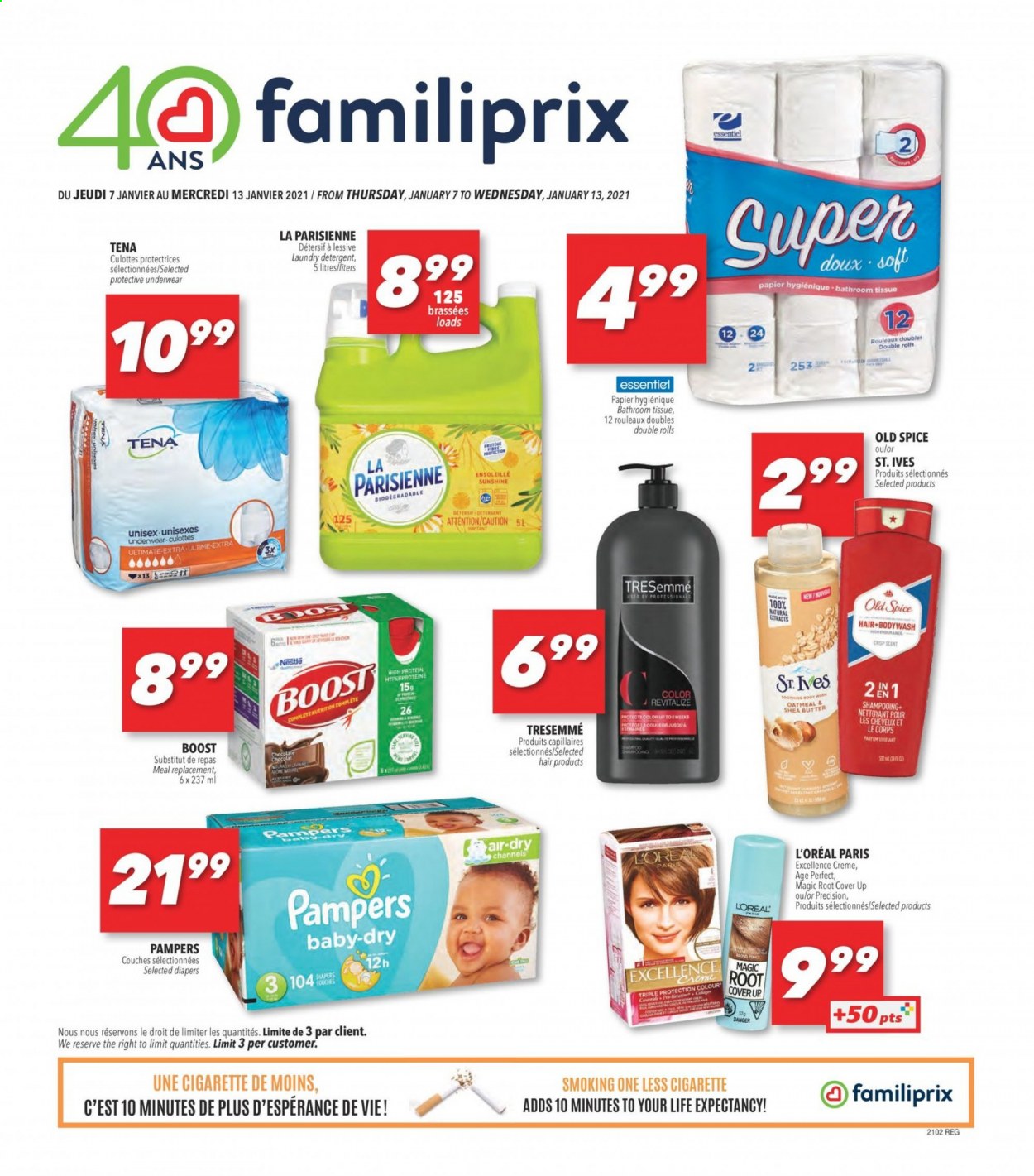 thumbnail - Familiprix Flyer - January 07, 2021 - January 13, 2021 - Sales products - oatmeal, spice, Boost, nappies, bath tissue, laundry detergent, L’Oréal, TRESemmé, shea butter, Nestlé, Pampers, Old Spice. Page 1.