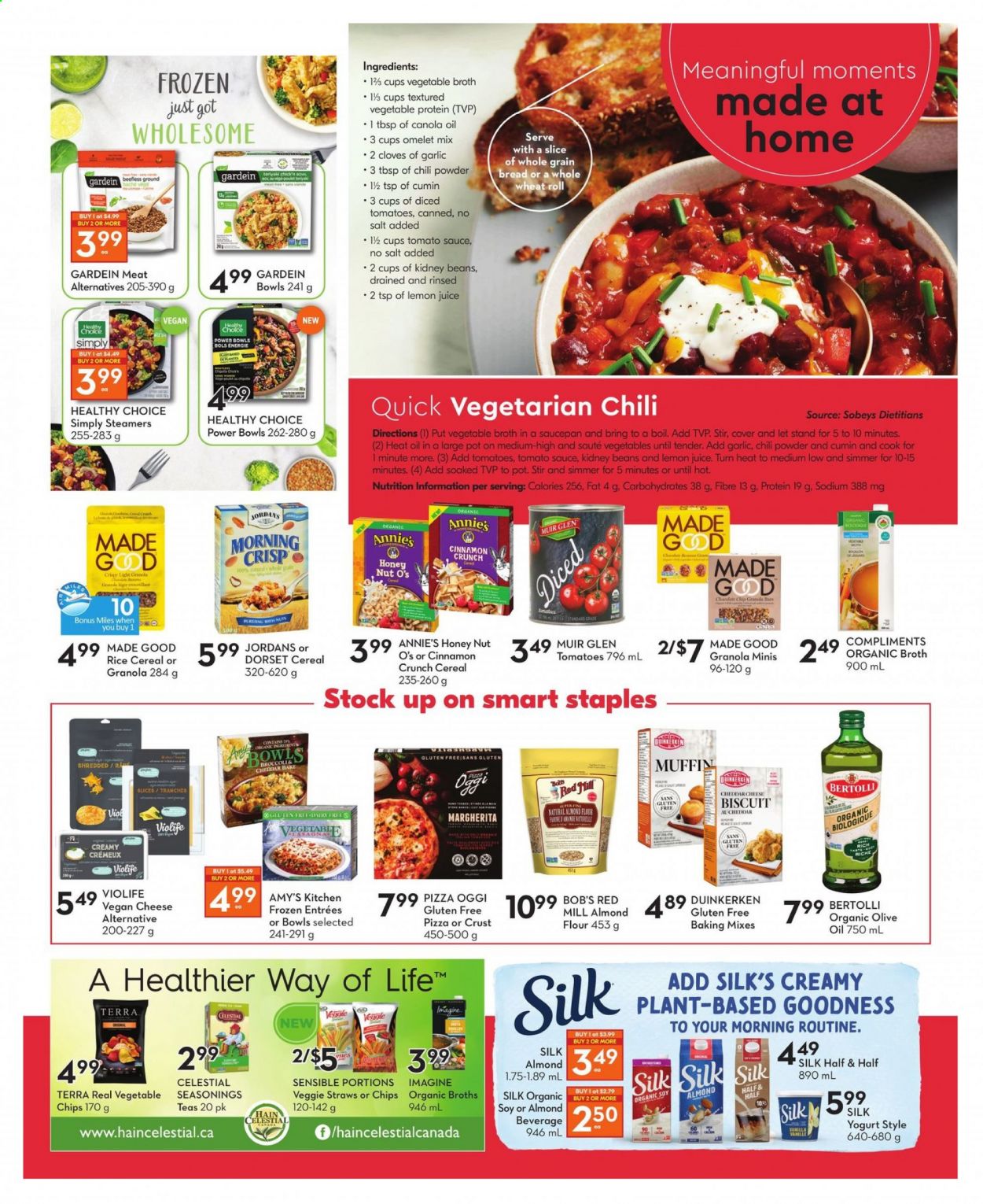thumbnail - Safeway Flyer - January 07, 2021 - February 10, 2021 - Sales products - muffin, pizza, Healthy Choice, Annie's, Bertolli, yoghurt, biscuit, vegetable chips, Veggie Straws, flour, broth, almond flour, tomato sauce, kidney beans, cereals, granola bar, cloves, cumin, cinnamon, canola oil, olive oil, lemon juice, Half and half, pot, Moments. Page 2.