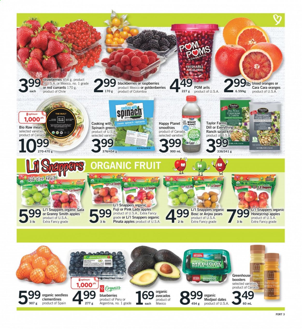 thumbnail - Fortinos Flyer - January 07, 2021 - January 13, 2021 - Sales products - ginger, salad, apples, avocado, blackberries, blueberries, clementines, Gala, strawberries, pears, Granny Smith, Pink Lady, dill pickle, dill, dried dates, smoothie, Boost, Optimum, Pom Poms, greenhouse. Page 4.