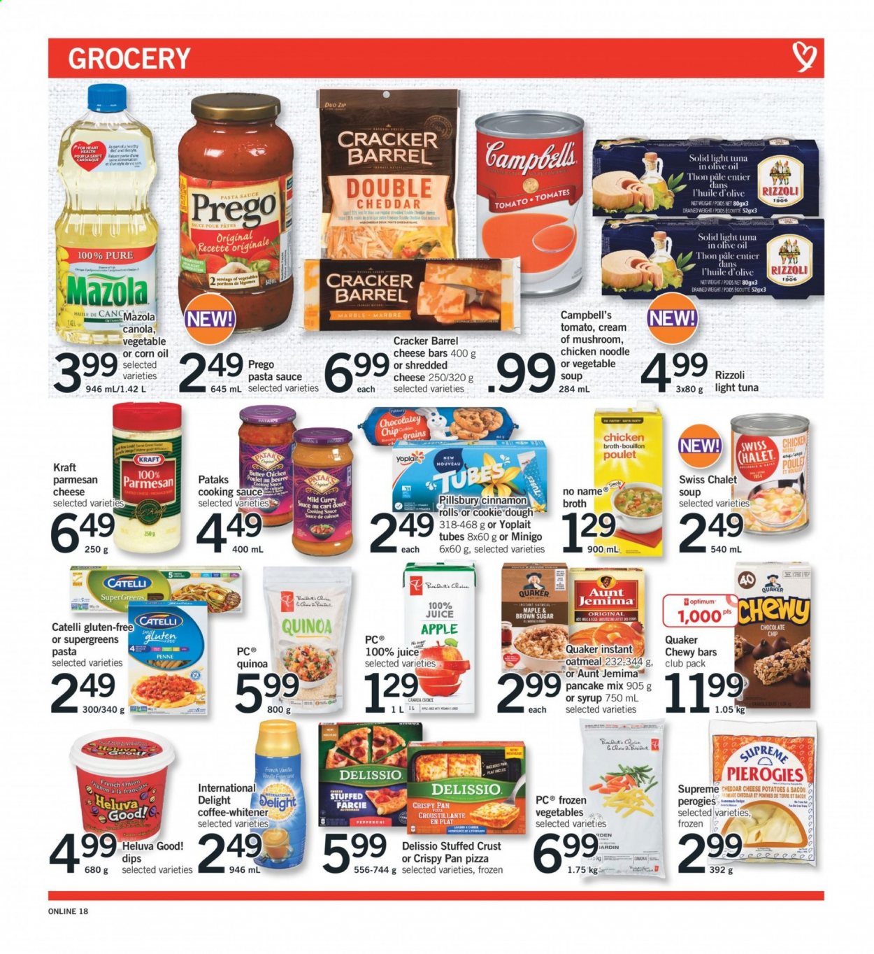 thumbnail - Fortinos Flyer - January 07, 2021 - January 13, 2021 - Sales products - Apple, cinnamon roll, potatoes, tuna, No Name, Campbell's, pizza, pasta sauce, soup, sauce, pancakes, Pillsbury, Quaker, noodles, Kraft®, bacon, pepperoni, shredded cheese, cheddar, parmesan, Yoplait, milk, cookie dough, chocolate chips, crackers, bouillon, oatmeal, broth, light tuna, penne, curry sauce, corn oil, juice, coffee, pan, Optimum, quinoa. Page 19.