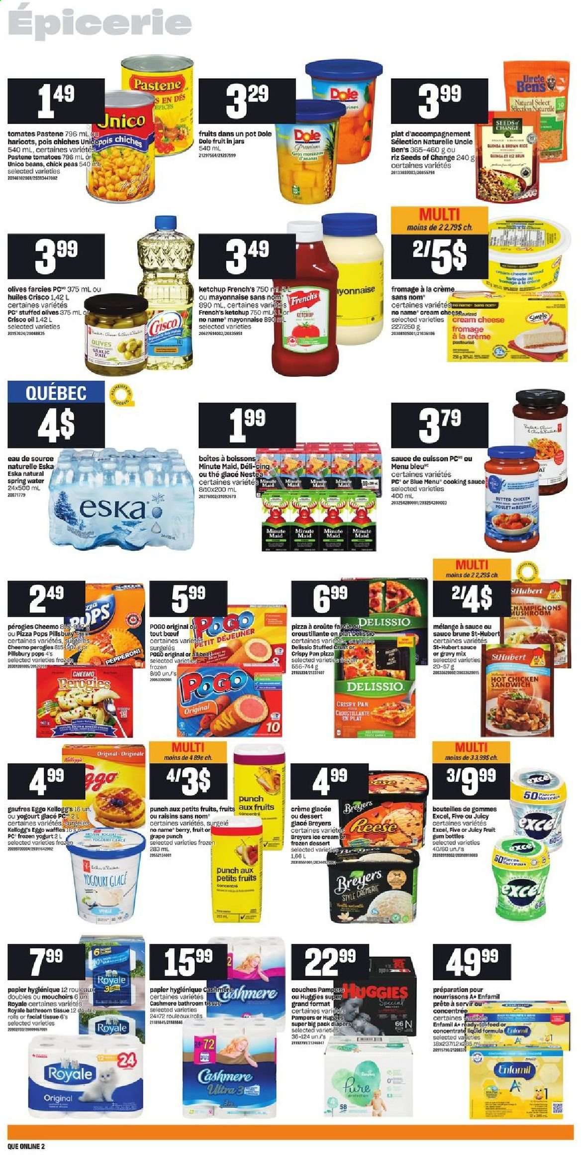 thumbnail - Provigo Flyer - January 07, 2021 - January 13, 2021 - Sales products - waffles, peas, Dole, No Name, pizza, sandwich, sauce, Pillsbury, pepperoni, yoghurt, mayonnaise, ice cream, Kellogg's, Crisco, Uncle Ben's, brown rice, gravy mix, oil, dried fruit, fruit punch, spring water, Enfamil, nappies, bath tissue, raisins, Pampers, olives. Page 6.
