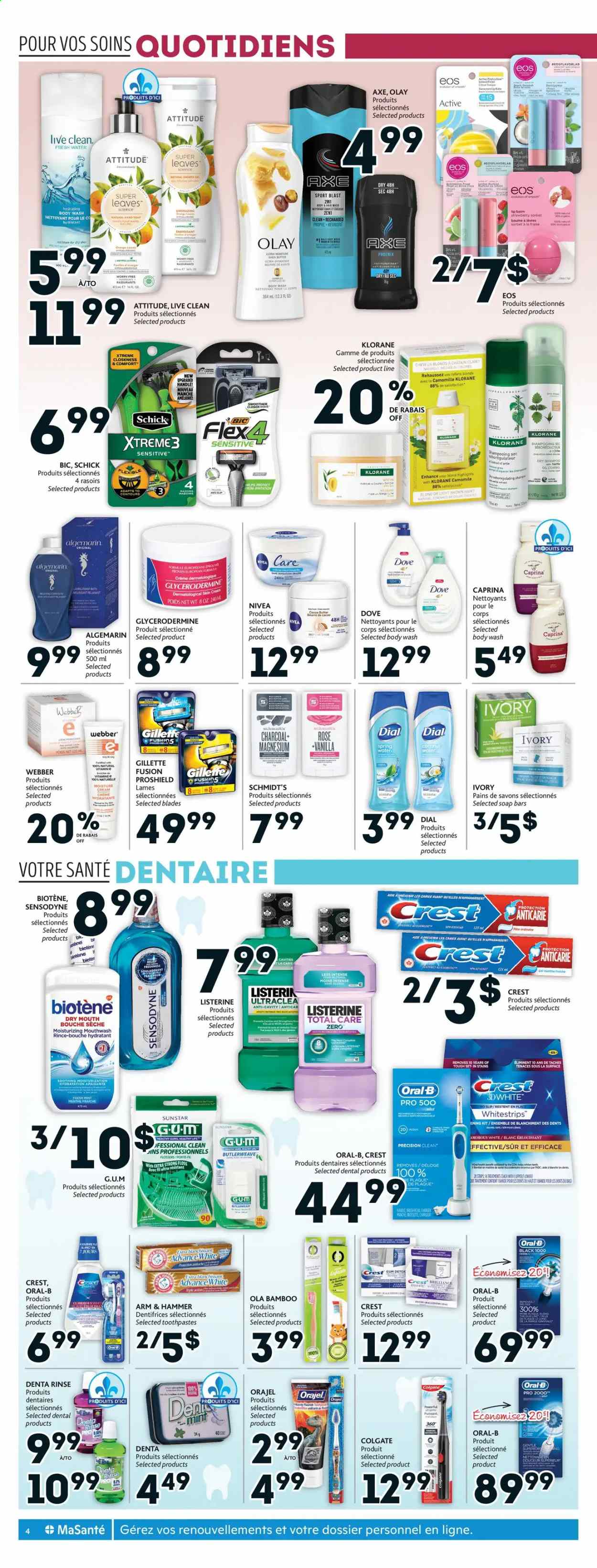 thumbnail - Brunet Flyer - January 07, 2021 - January 13, 2021 - Sales products - ARM & HAMMER, body wash, shower gel, hand soap, bath foam, Dial, soap, Biotene, mouthwash, brush head, Crest, lip balm, Olay, Klorane, BIC, Schick, brush, magnesium, Gillette, Listerine, shampoo, Nivea, Oral-B, Sensodyne. Page 4.